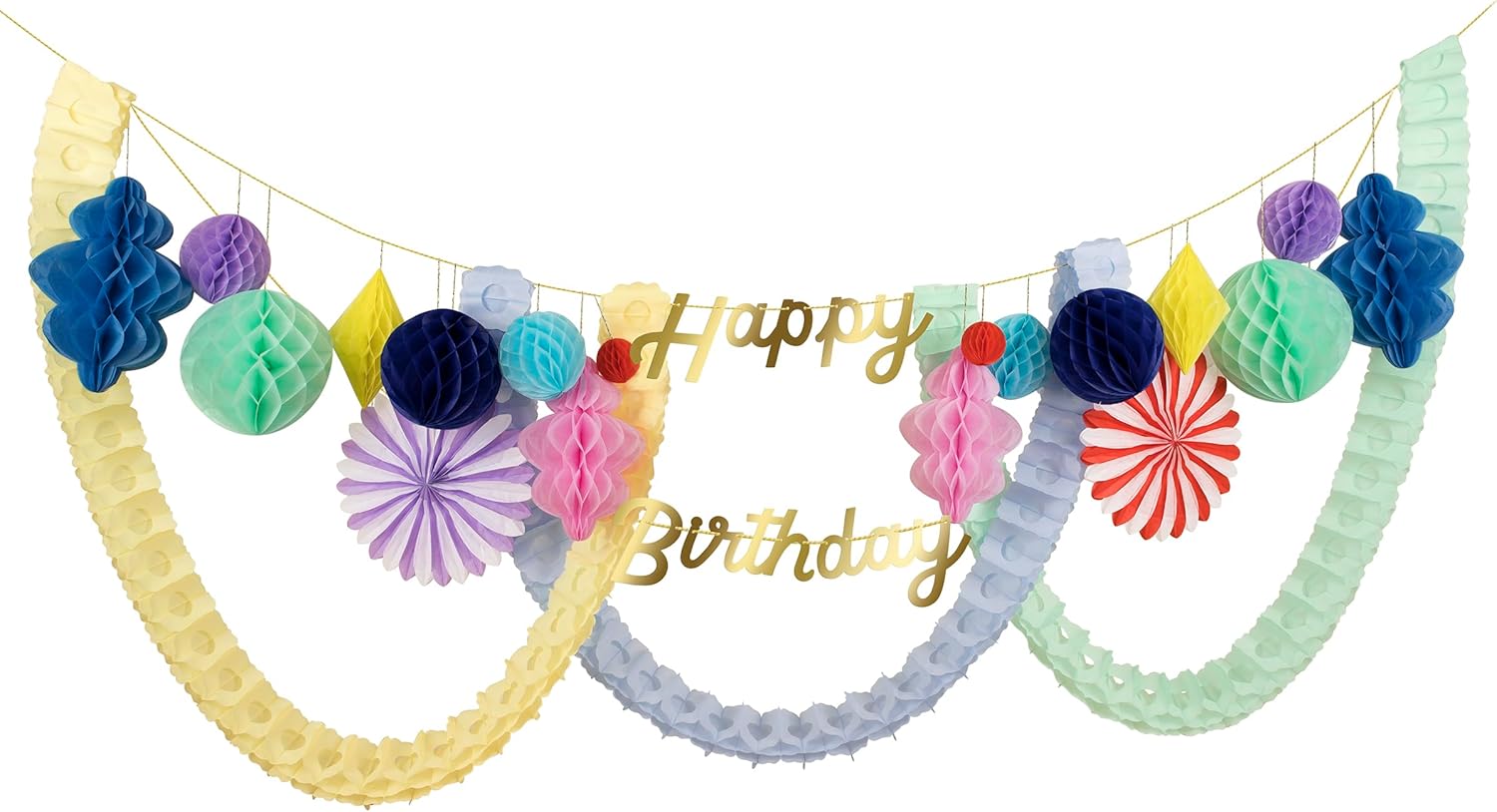 Meri Meri Honeycomb Happy Birthday Banner (Pack of 1), 2 Strands, 9' Birthday Party Garland (13' Including Excess Cord), Meri Meri Party Garland