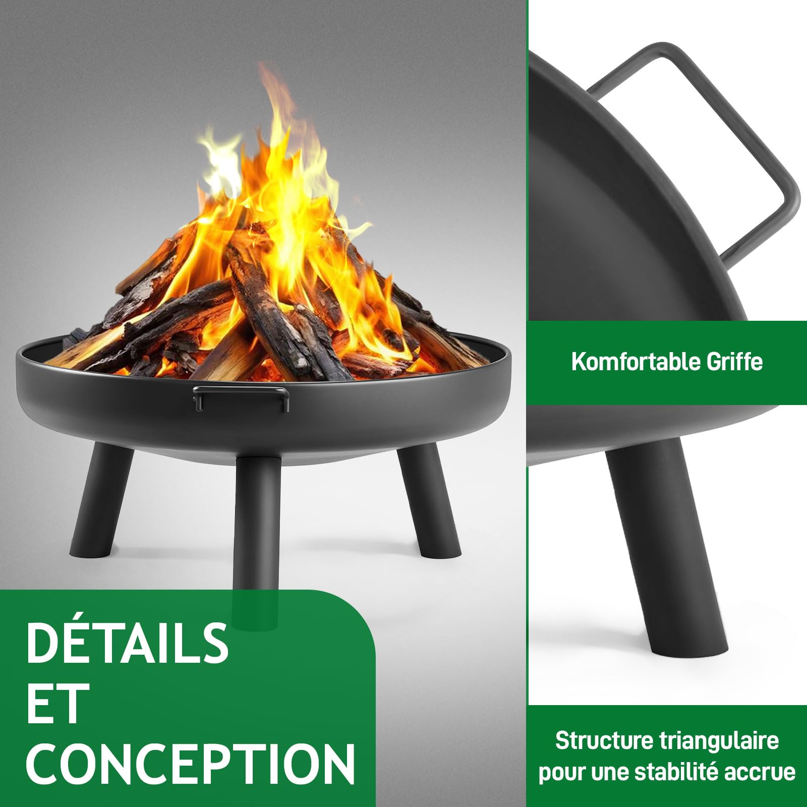 LEADZM Brasero Ø80 cm en Fer | avec 2 Poignées Stables + Crochet À Feu, Panier À Feu pour Bois & Charbon, Bac À Feu comme Foyer pour Jardin Terrasse Extérieur Feu De Camp,Noir