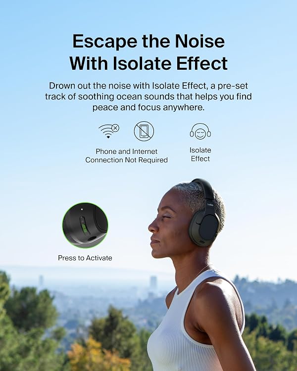 Belkin SoundForm Isolate Bluetooth Over-Ear Headphones - Hybrid Active Noise Cancelling Headphones - Wireless w/ 60H Playtime, Fast Charging & CloudCushion Ear Cups for Travel, Home, or Office - Black by Belkin - Used condition - Image 3