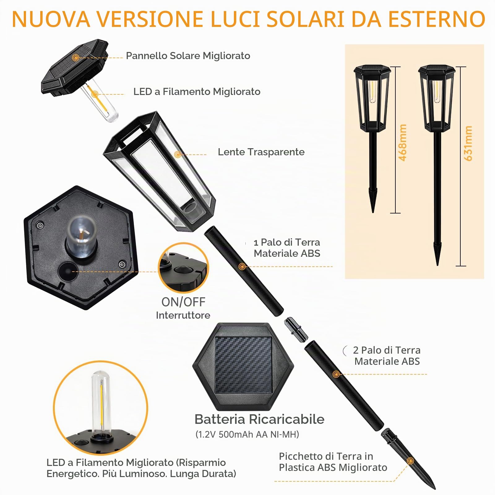 Lampade solari per esterni da giardino, 4 pezzi, luci solari da giardino con luce calda, IP65, impermeabili, per auto, accensione/spegnimento a LED, per esterni, decorazione da giardino