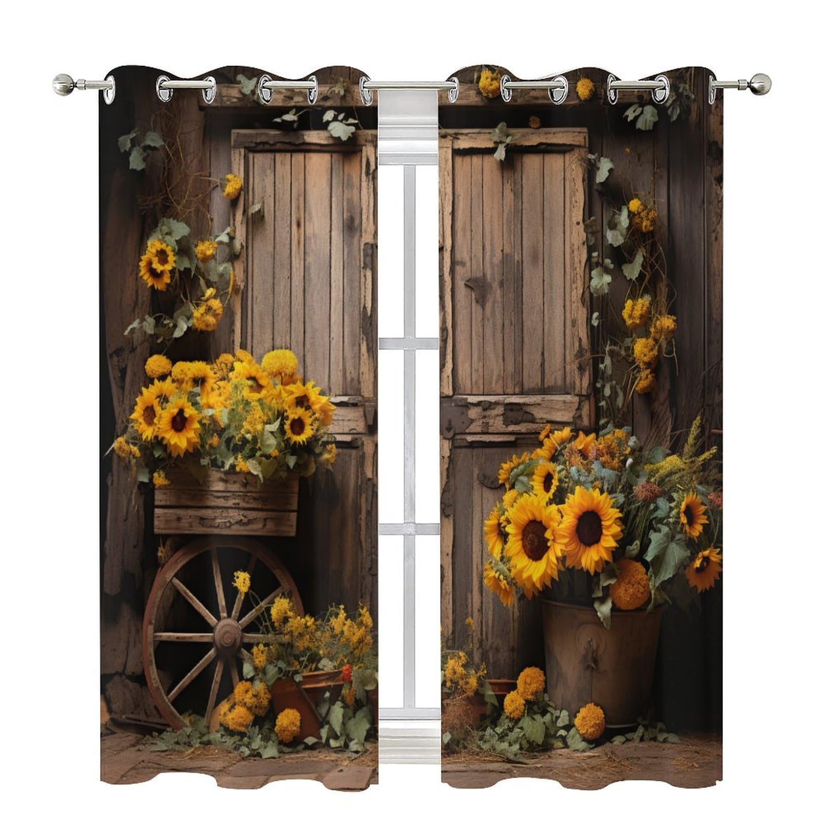 Rustic Barn Door Blackout Window Treatment Curtains Sunflower Wooden Door Darkness Drapes with Silver Grommet for Kids Bedroom Living Room W84 x L84 Inch
