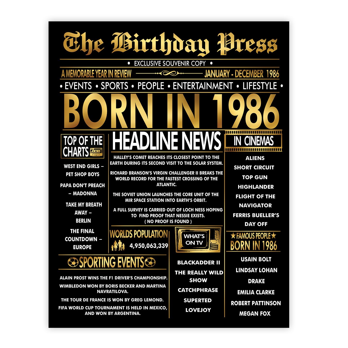 Stuff4 Men's 1986 Gold 40Th Birthday Poster Unframed - Golden Born In Newspaper - Happy 40 Birthday For Wo Retro Vintage Gifts Back In 8X10 Inch Bday Party Decor Decoration