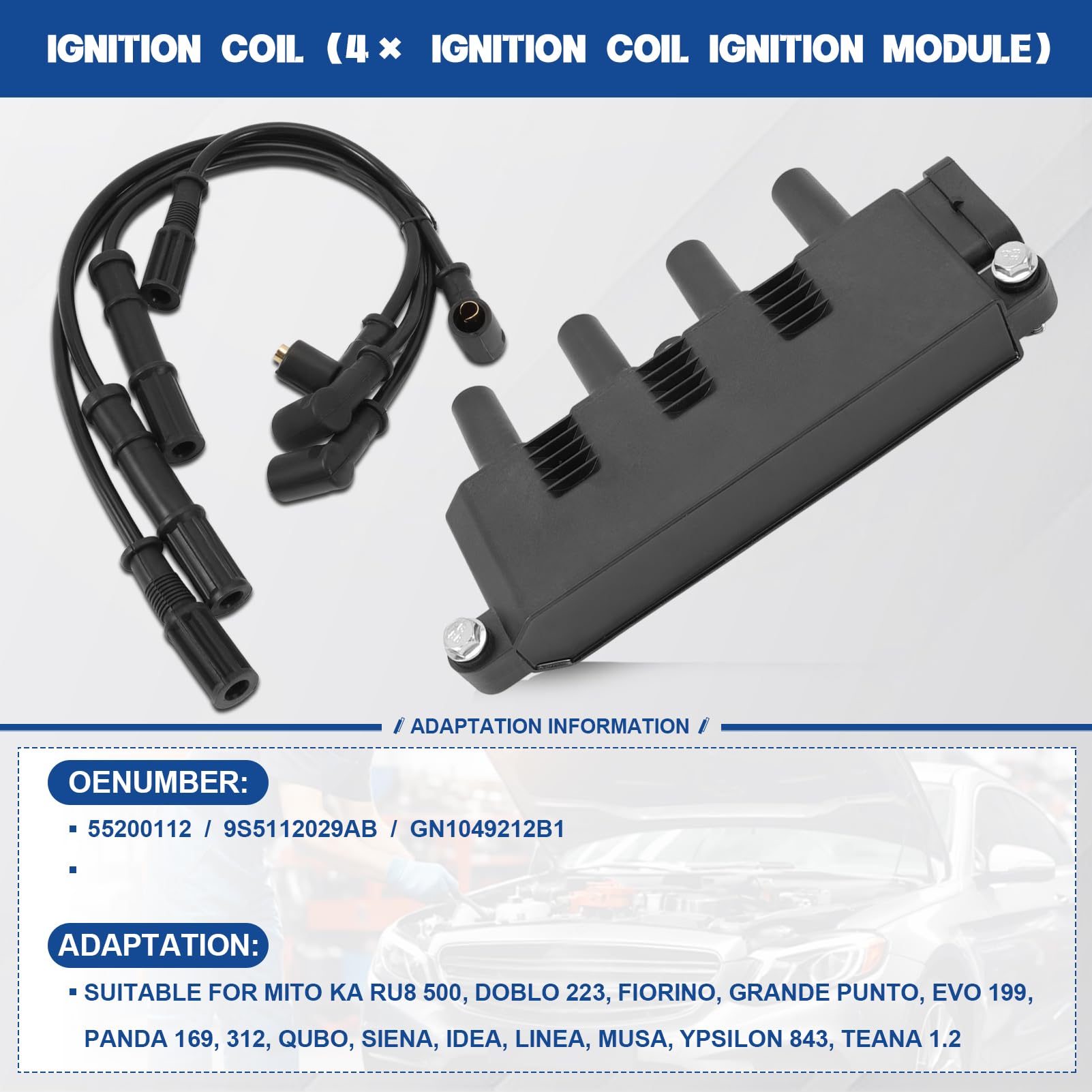 Bobina di accensione Cavo di accensione Modulo di accensione per Mito KA RU8 500 Panda 169 312 Doblo 223 Fiorino Grande Punto Evo 199 Qubo Siena Idea Ypsilon 55200112 9S5112029AB GN1049212B1