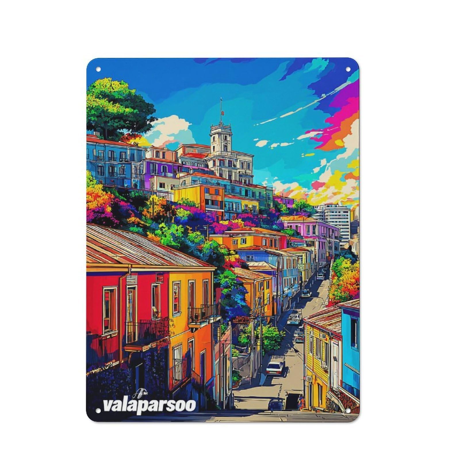 Junmoney Colorful Hillside Neighborhood Tin Wall Plaque 40X30cm With For Home Office Or Studio, For Home Office Decor Fans