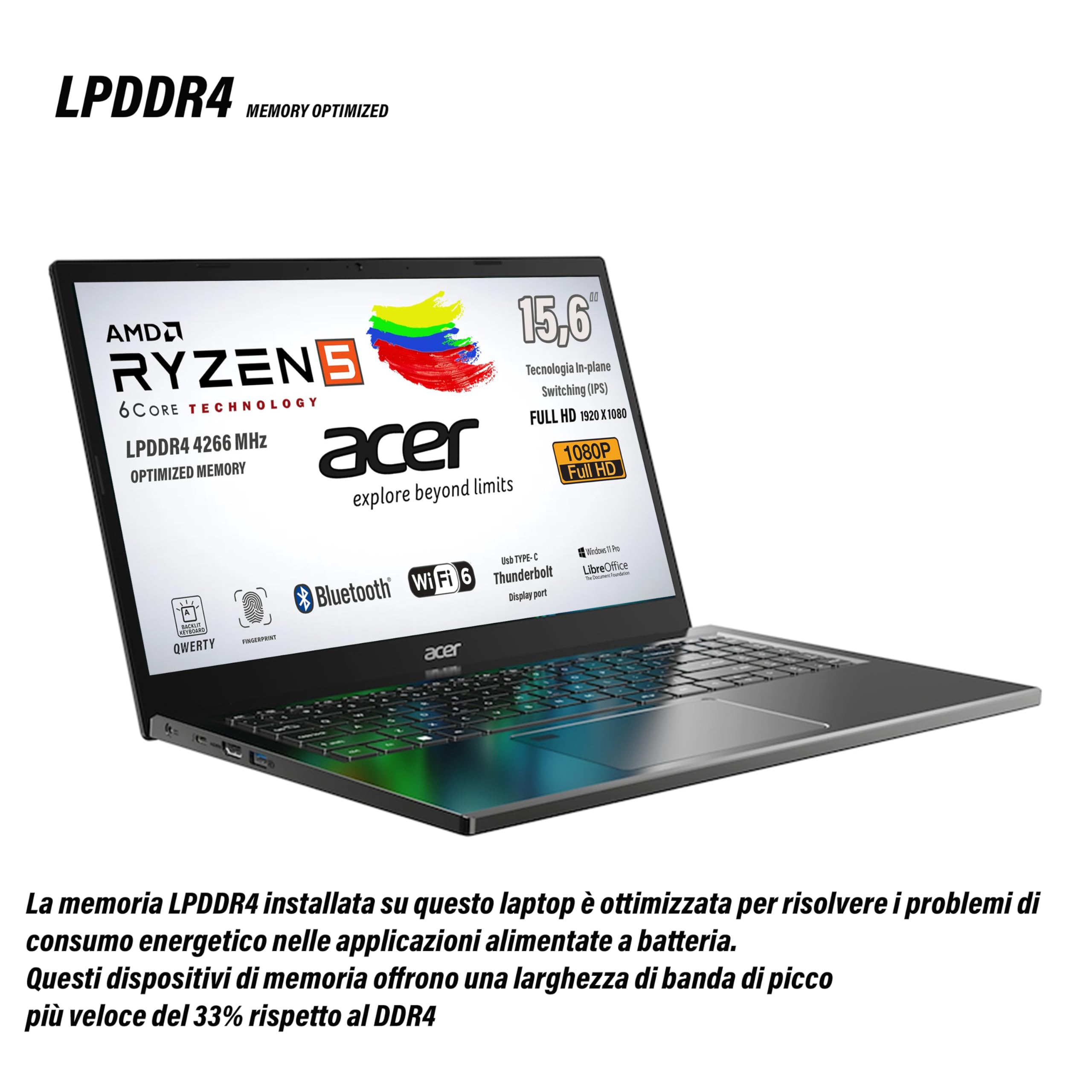 Acer Notebook Aspire Ryzen5 7530u CPU 6Core, fino a 4,5 GHz, RAM 8 Gb LPDDR4 4266 MHz, SSD PCIe NVMe 512Gb, FHD 15,6" IPS, Tastiera Retroilluminata, Fingerprint, Win11Pro, preconfigurato