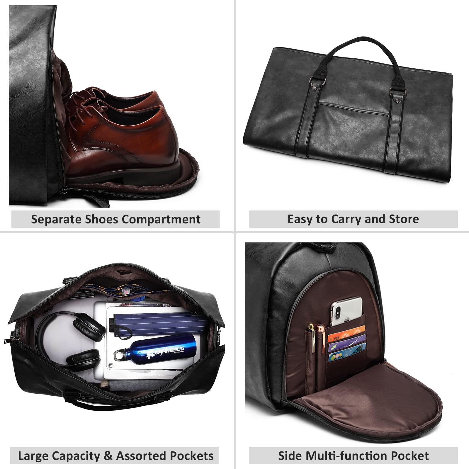 Borsa porta abiti da viaggio in pelle convertibile da uomo con scomparto per scarpe, impermeabile, perfetta per viaggi d'affari/regali per marito, Nero