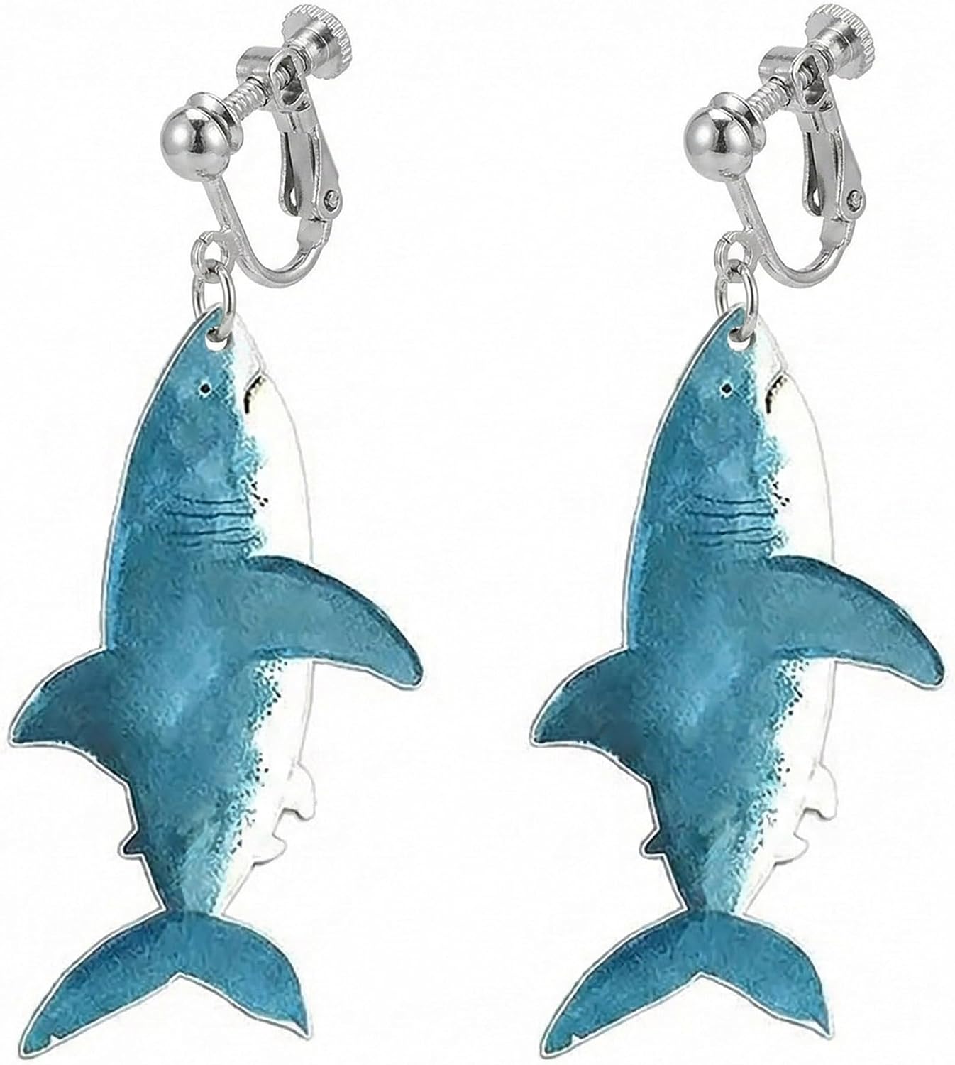 Screw Back Clip On Shark Earrings Women Hypoallergenic Non Pierced Jewelry Brass Acrylic Summer Vacation White Gold Plated 1.96in