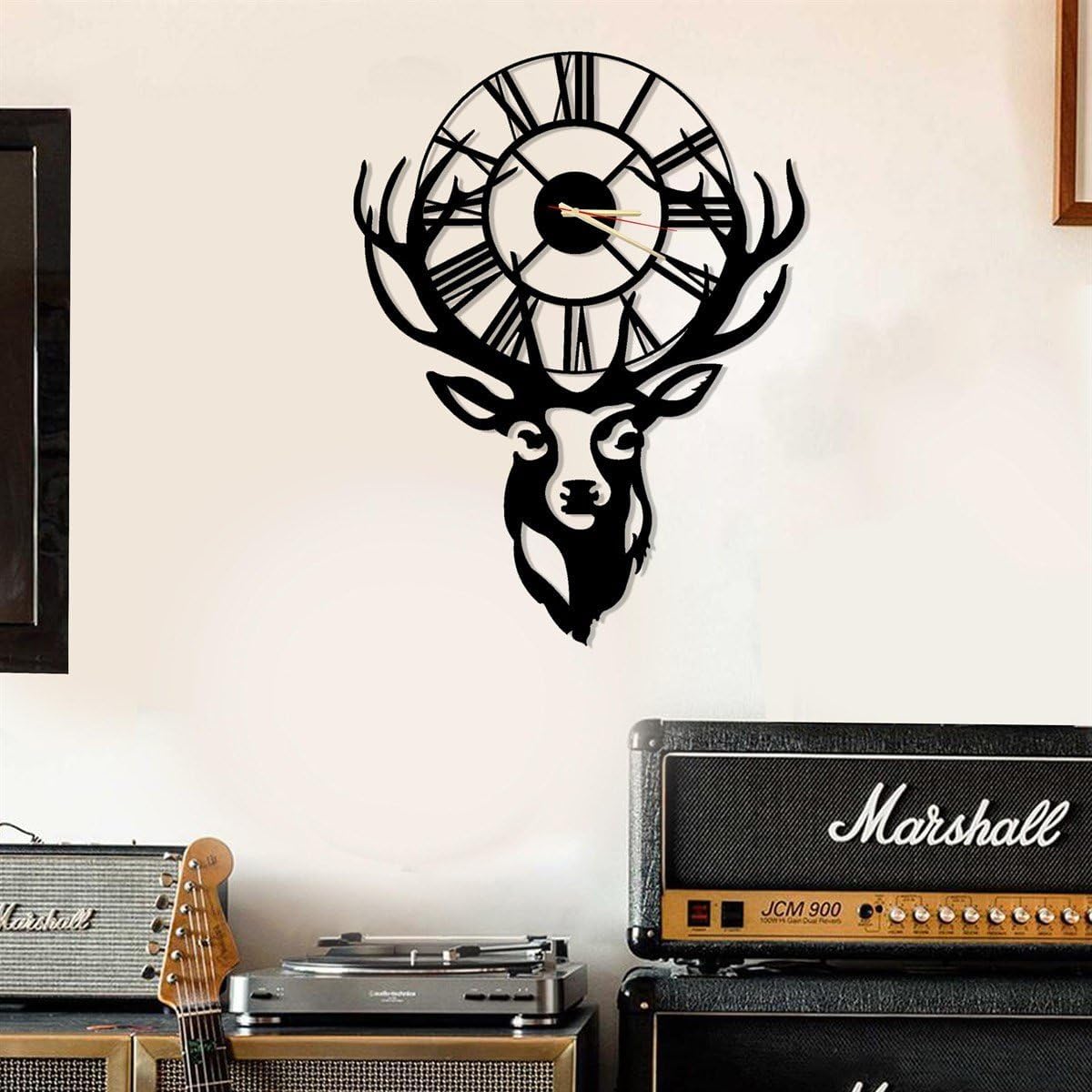 Deer Head Metal Wall Clock 20 × 15 Inch – Animal Wildlife Clock, Silent Non-Ticking Quartz, Vintage Industrial Decorative Antler Design for Living Room, Bedroom, Office