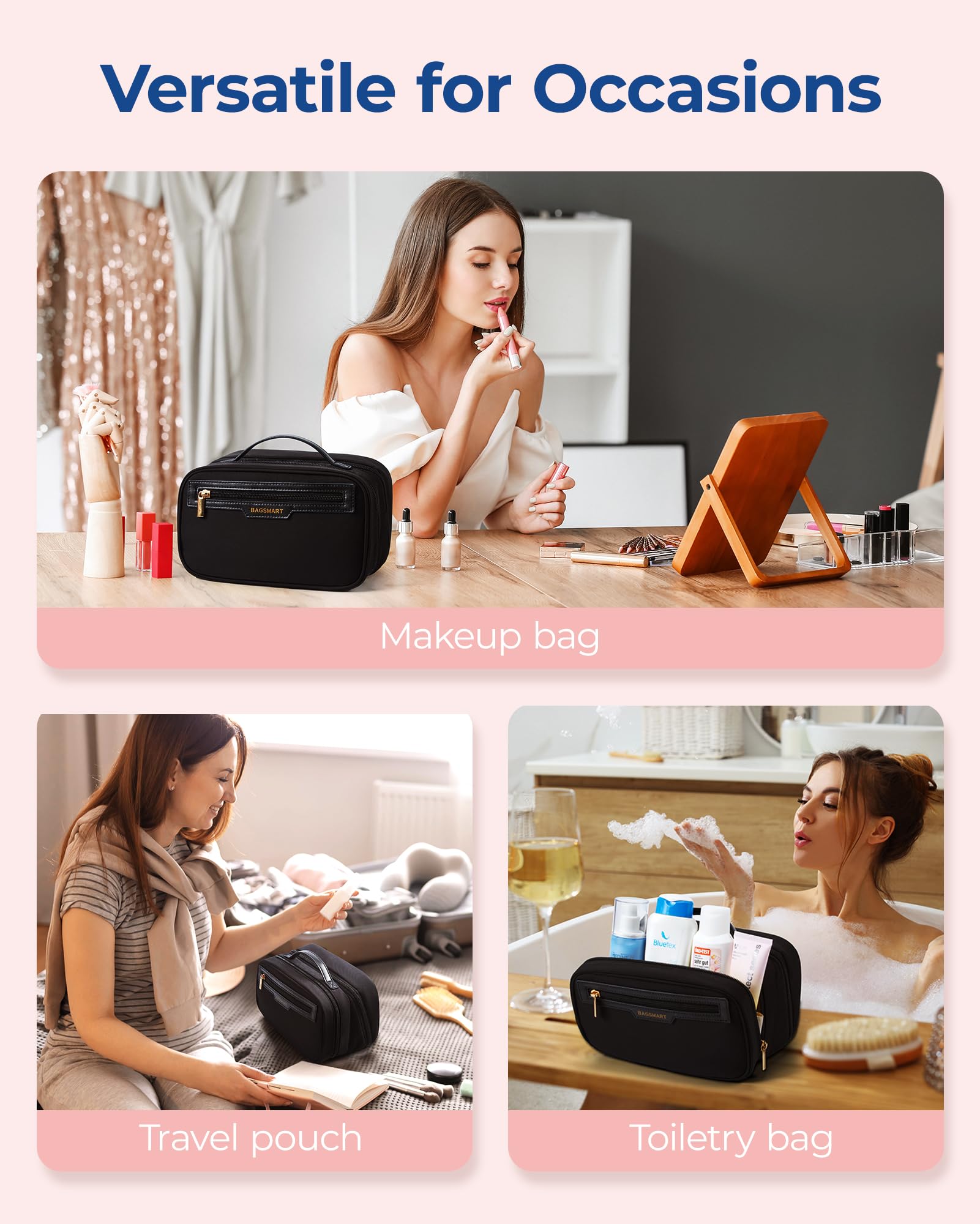 BAGSMART Travel Makeup Bag Large Capacity Wide-Open Make up Bags for Women Travel Essentials & Cosmetics Toiletries Accessories, Black - Image 4