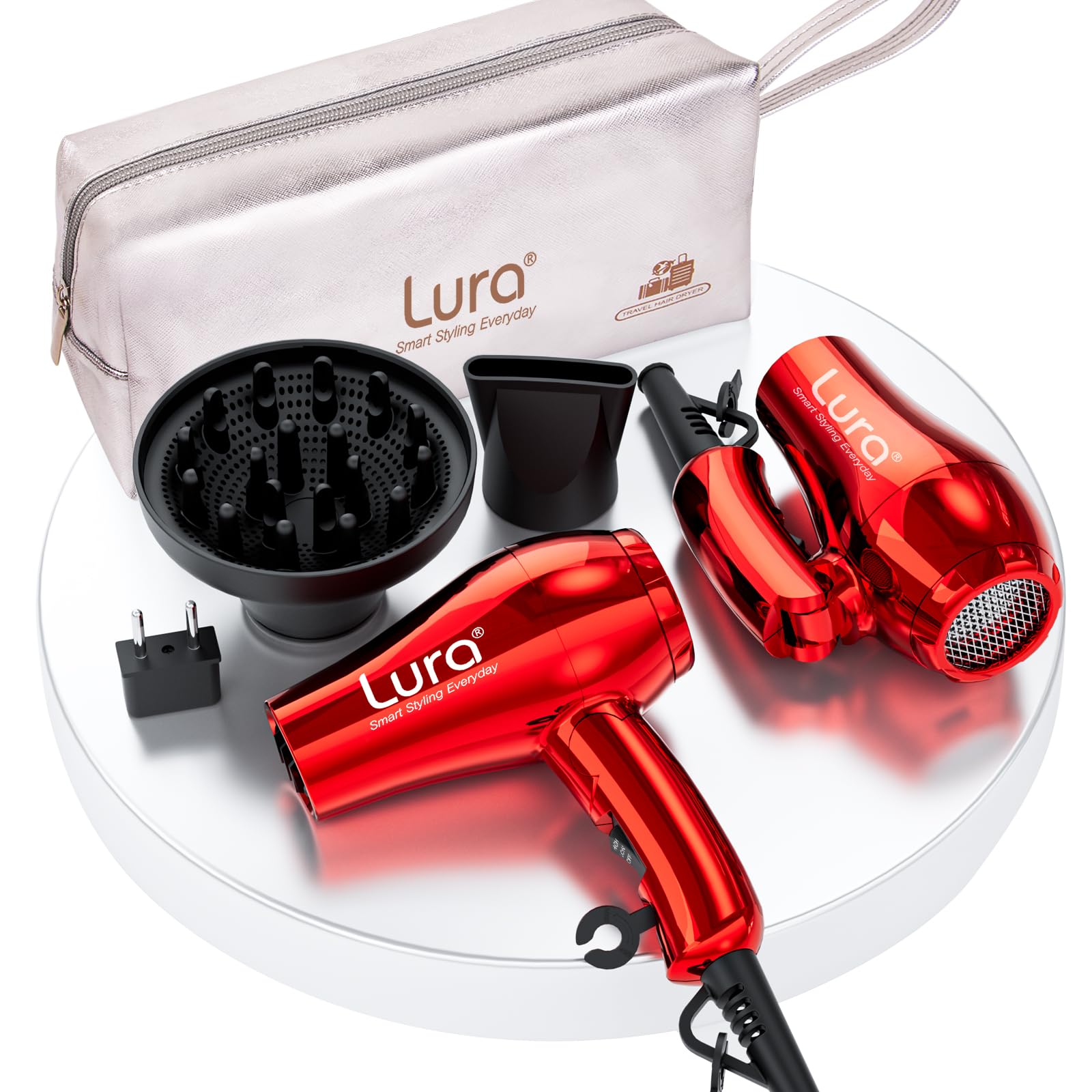 LURA Mini Portable Travel Hair Dryer, Dual Voltage, 1200W, Red
