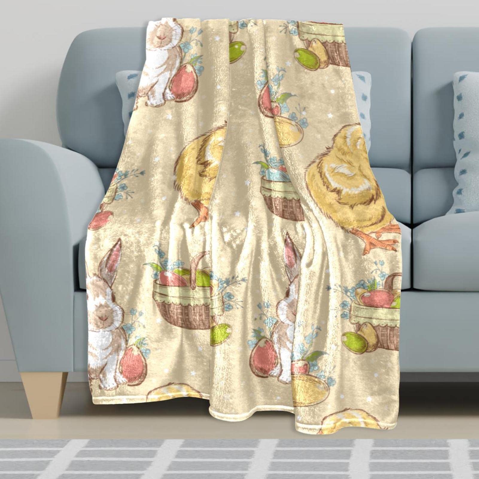 Coperta in pile con uova d'epoca pasqua, coniglietto, pulcino per divano leggero peluche sfocato