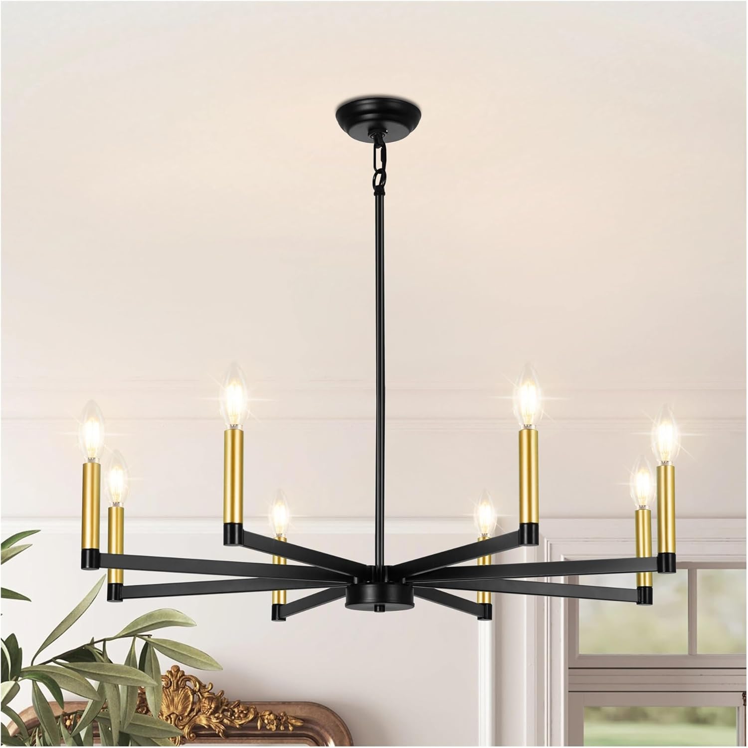 Black and Gold Candle Chandelier Adjustable Height Farmhouse Chandeliers for Dining Room,for Decoration