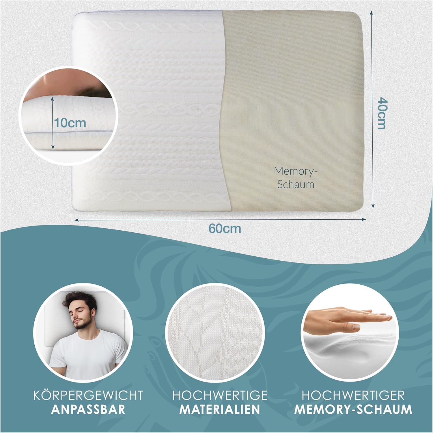 Cuscino ortopedico in memory foam, ergonomico e contro il dolore al collo, per tutti i tipi di sonno (cuscino per dormire sulla schiena, sull'addome e sul fianco) (2, bianco, 10 cm di