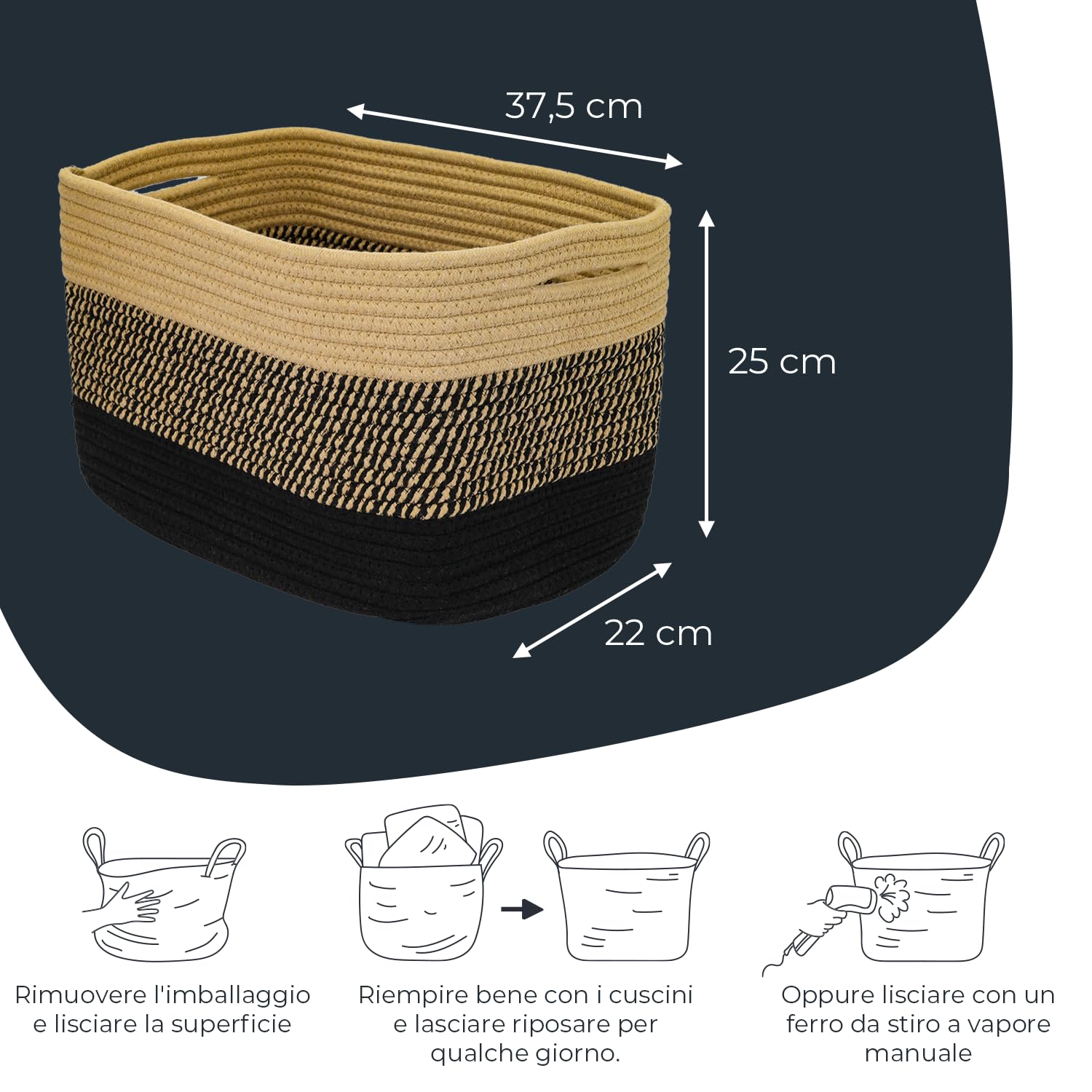 HMF - Cesto portaoggetti con maniglie nascoste, set di 3, cesto in cotone, dimensioni: 37,5 x 25 x 22,5 cm, colore: nero miele