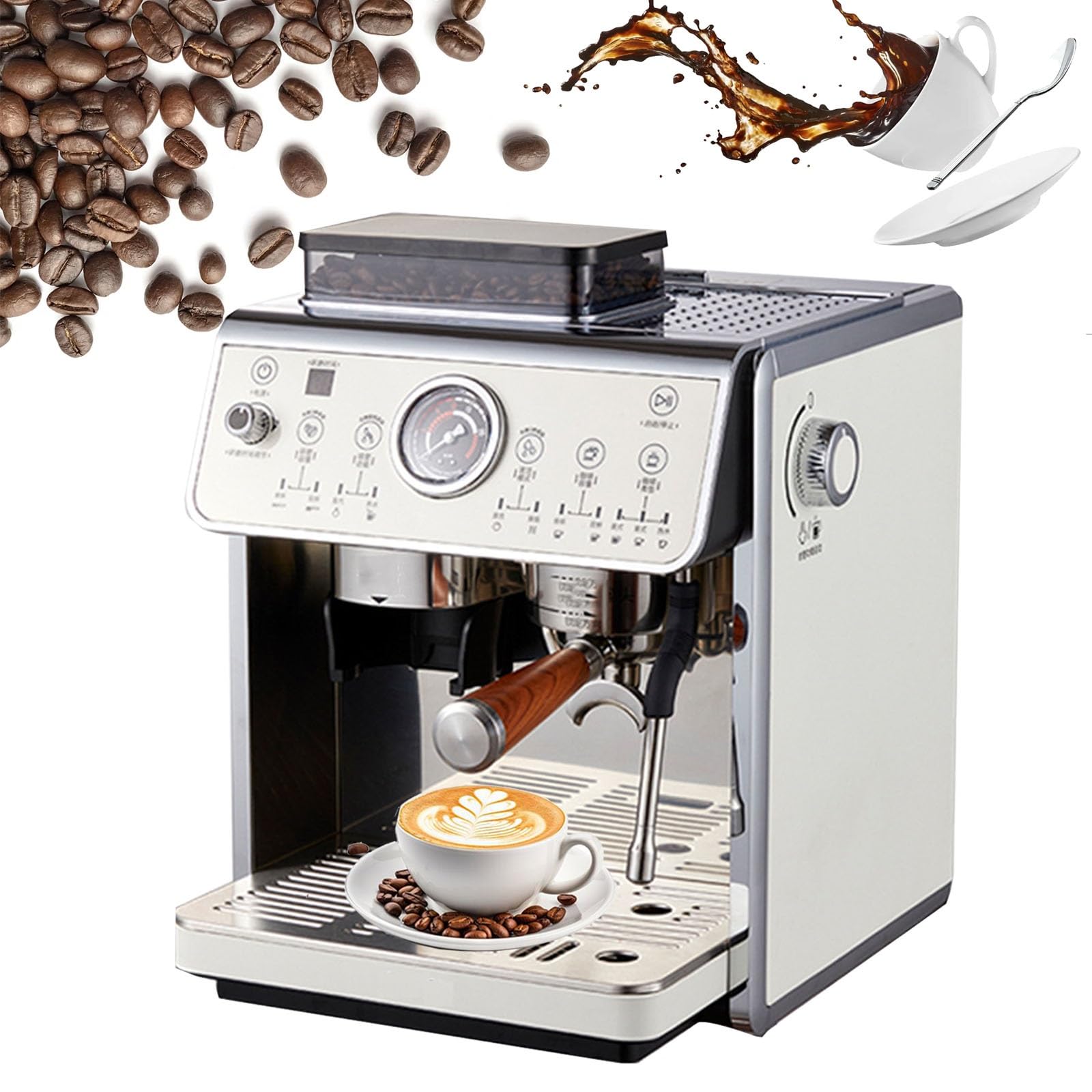 Cafeteras de espresso con molinillo, cafetera semiautomática for capuchino y latte de 25 bares, cafetera con vaporizador de leche y depósito de agua extraíble de 90 oz.