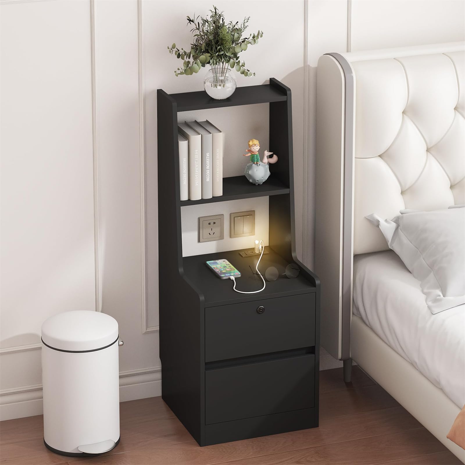 Modern Smart Nightstand with Night Light & Charging Station, Lockable Bedside Table with Bookshelf, 2-Drawer Storage Cabinet for Bedroom or Home