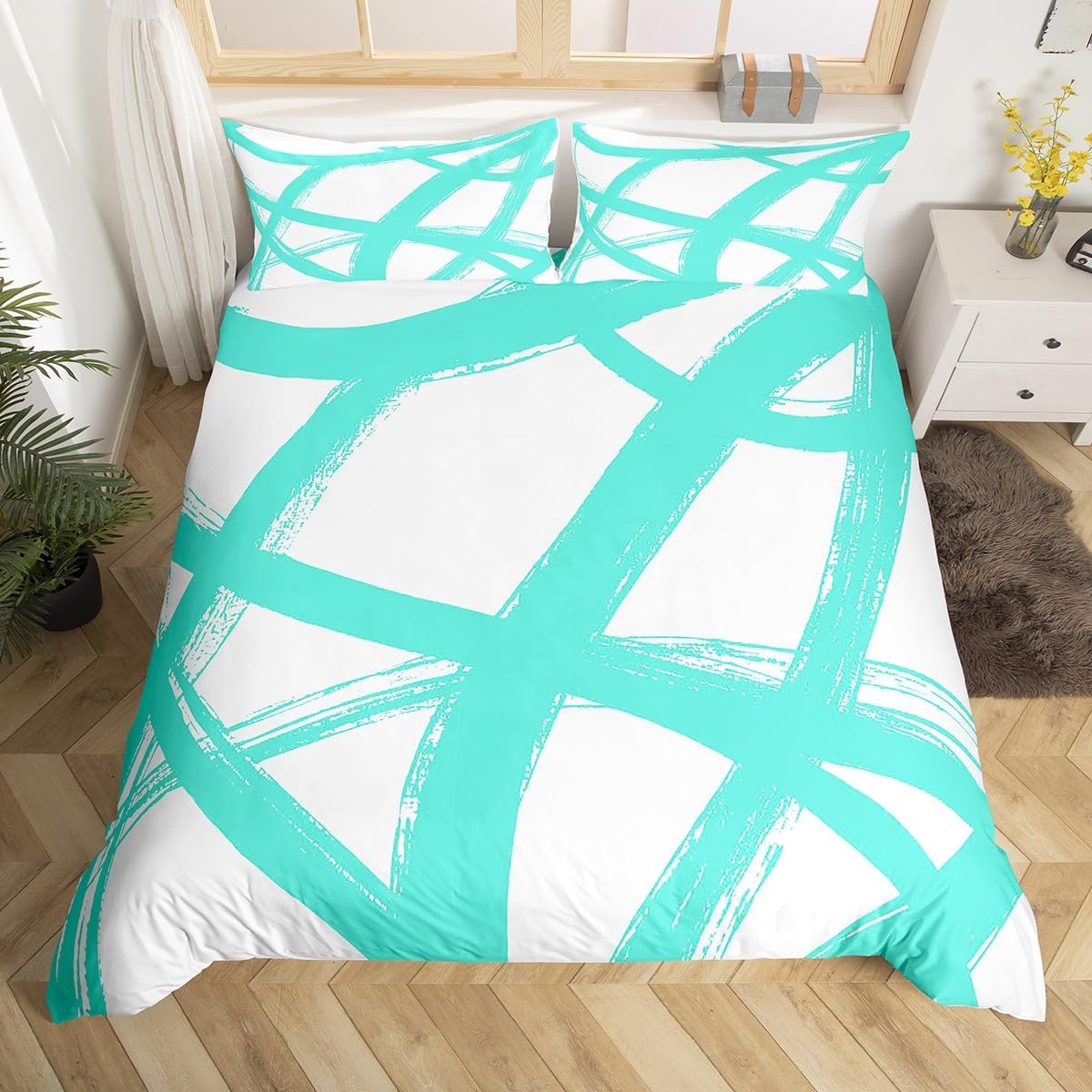 Erosebridal Turquoise and White Duvet Cover King,Abstarct Geometric Comforter Cover,Modern Stripes Lines Bed Set,Neutral Aesthetics Room Decor with Corner Ties