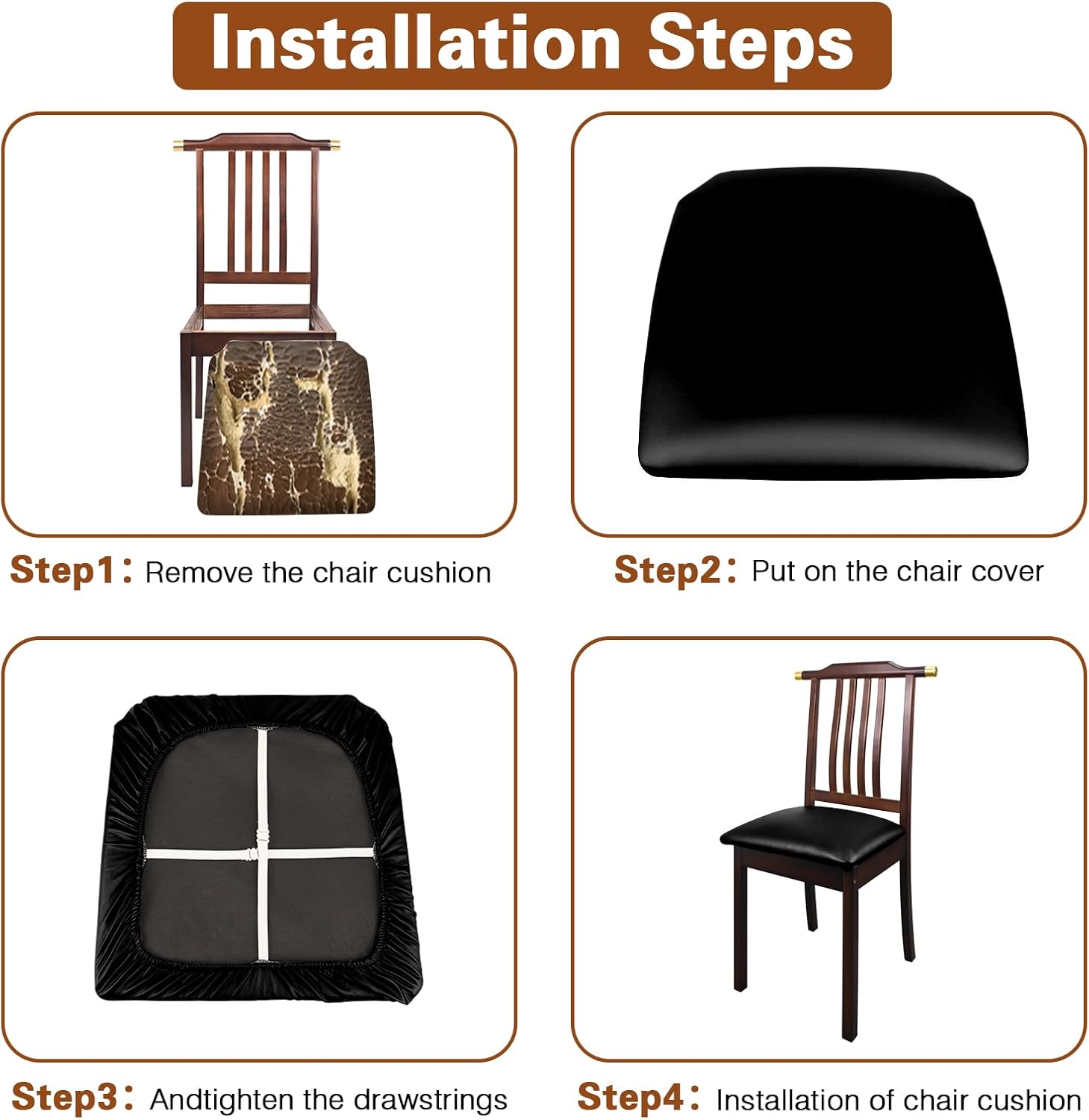 Leather Seat Covers for Dining Chairs Waterproof Chair Seat Covers Set of 8 Oilproof & Wipeable Kitchen Chair Seat Covers Protector with Buckle Strap (Black, 8 Pcs)