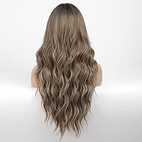 Vista 34 de HAIRCUBE Peluca de color marrón a rubio con flequillo para mujer, peluca de cabello largo ondulado marrón y rubio, pelucas sintéticas rizadas