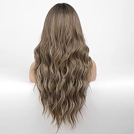 HAIRCUBE Brown with Blonde Highlight Wig Long Curly Wig with Bangs Brown wig Natural Appearance Heat-Resistant Synthetic Wig Suitable for Fashionable Women