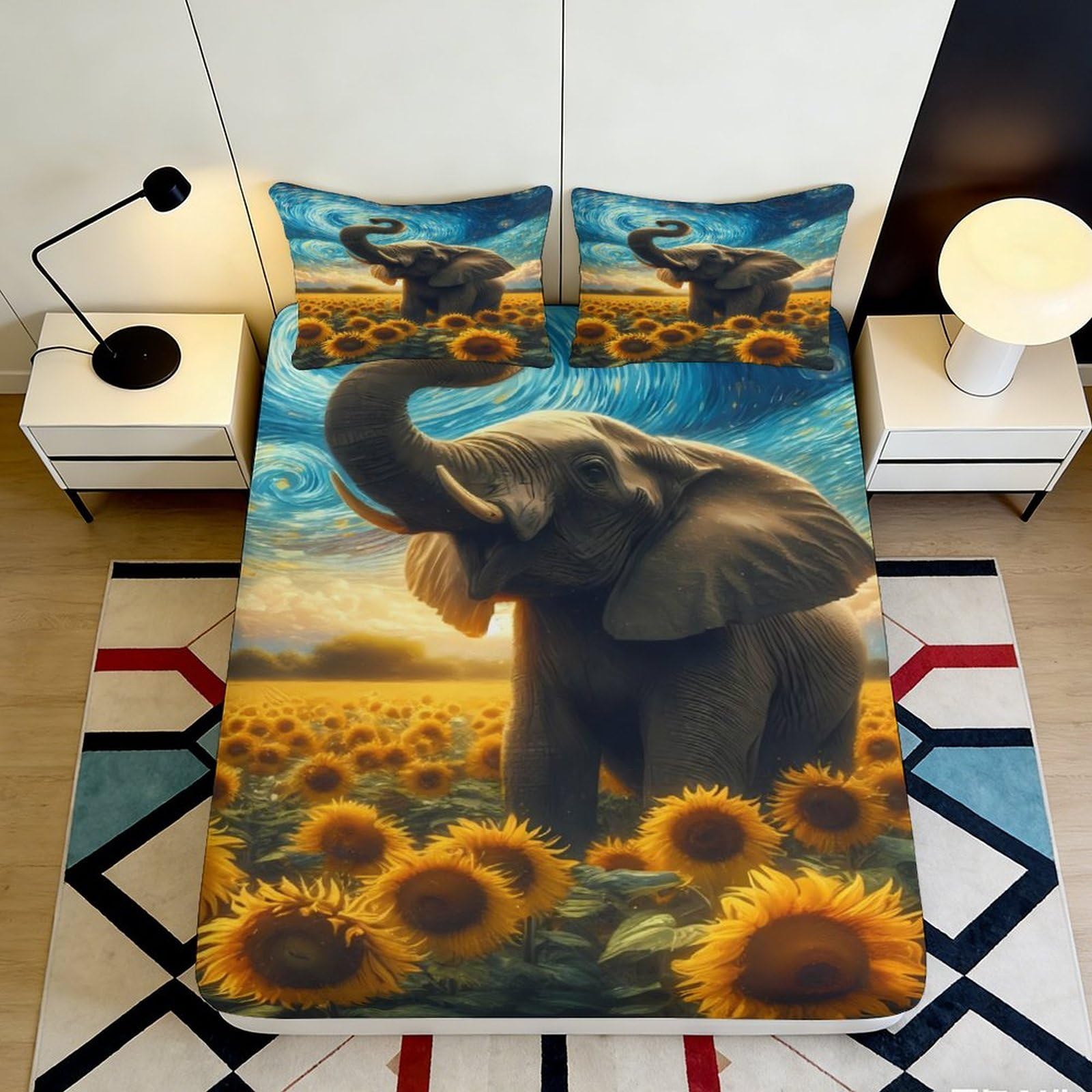 3D Printed Elephant Sunflower Fitted Sheet Microfiber Soft Breathable Sunset Mattress Cover for Bedroom Dormitory Guest Room Protection Decor 140x200x25cm