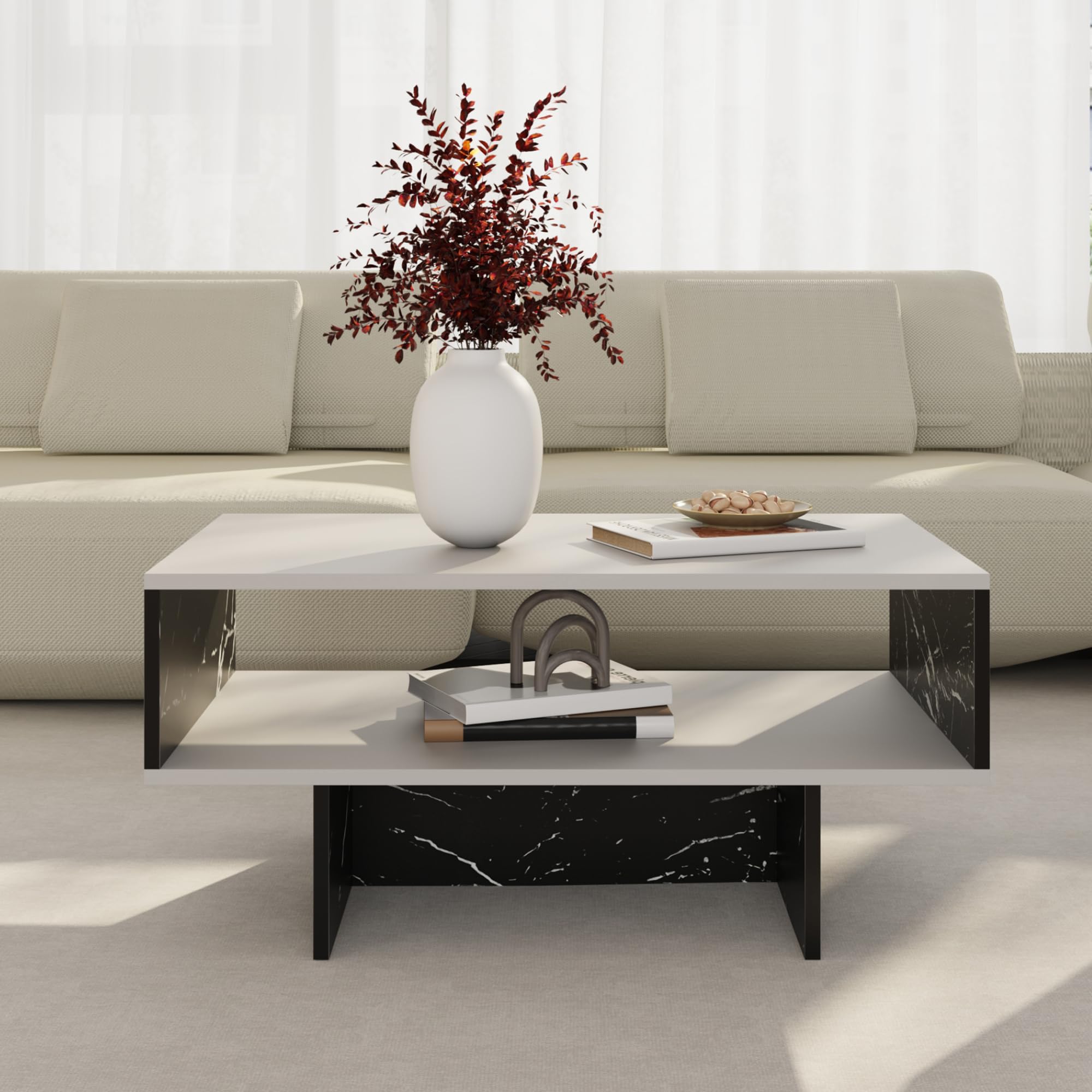[en.casa] Mesa de Centro Mesa Auxiliar Rectangular Mesa Baja Estable con Estante para Salón Aglomerado 37 x 80 x 45 cm Blanco/Mármol Negro