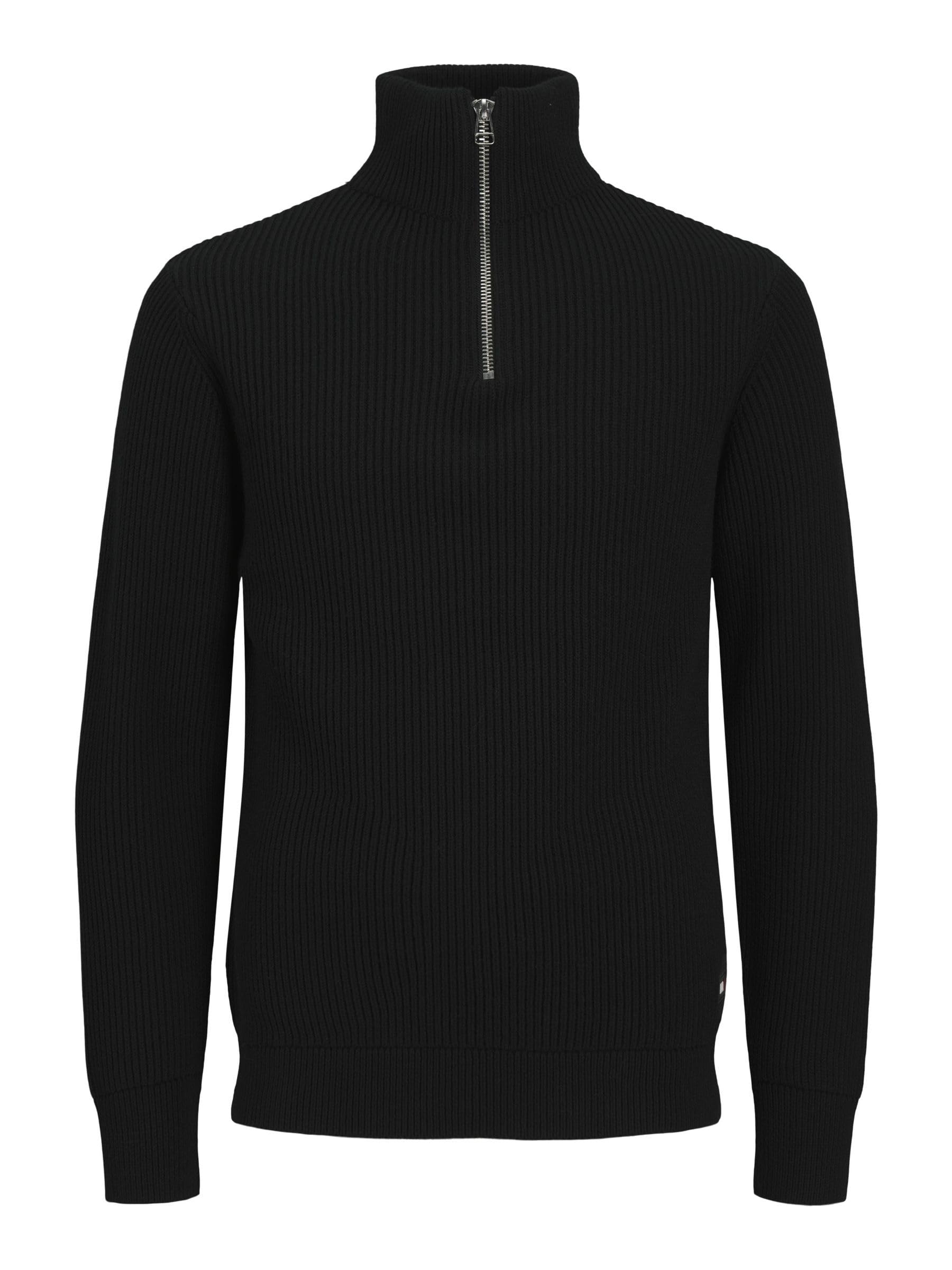 JACK & JONES Male Cardigan with Quarter Zip RDD Plain Quarter Zip Cardigan, Black, M