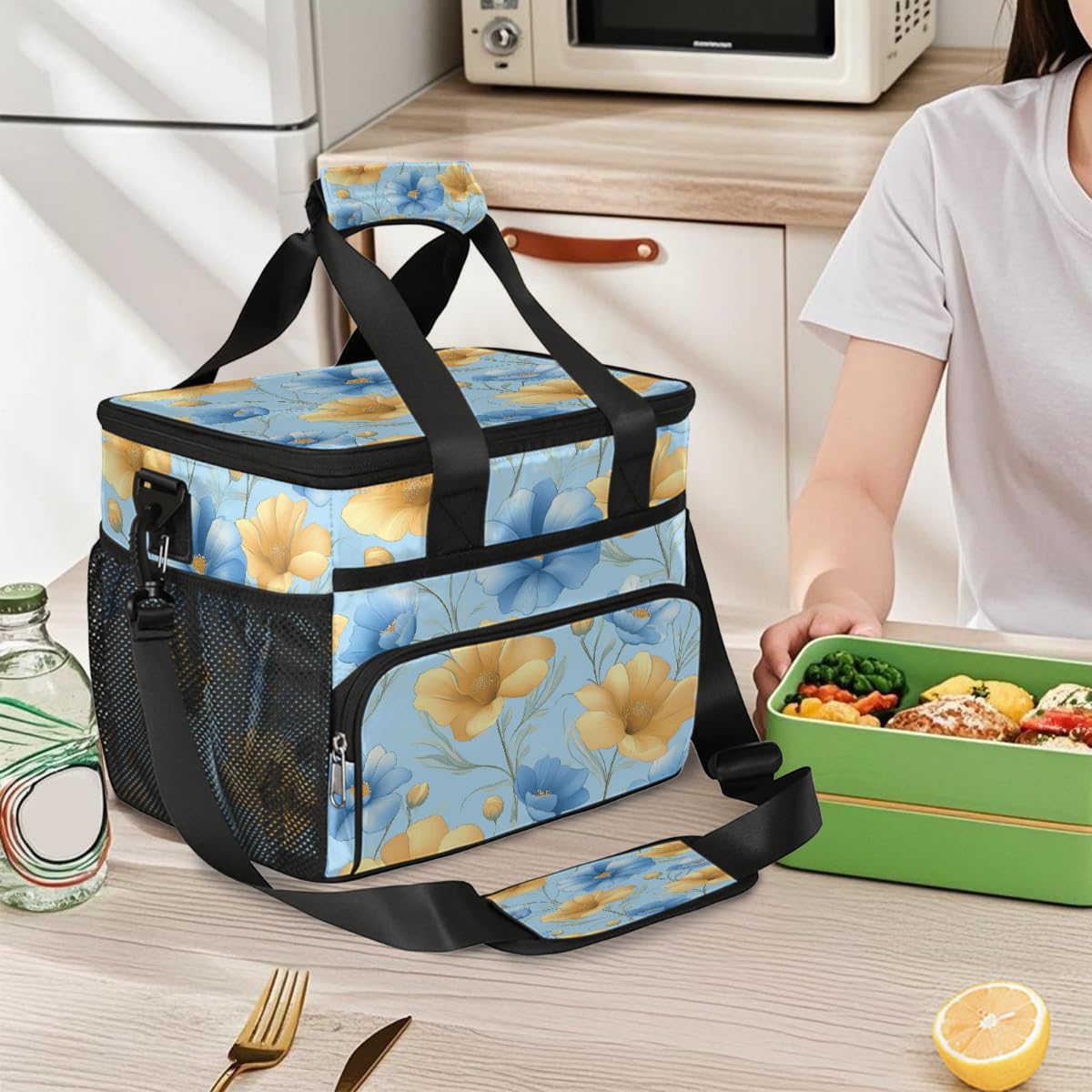 Grande borsa termica da campeggio per picnic, elegante design floreale blu giallo pieghevole portatile da viaggio borsa per il pranzo e contenitore per il pranzo per uomini e donne, 20 l