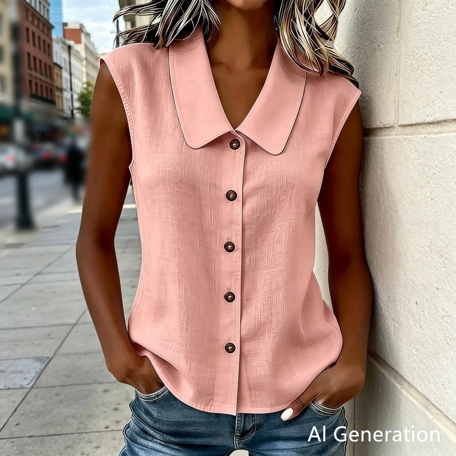 Camicia estiva senza maniche da donna con abbottonatura e colletto ampio | Top estivi senza maniche con scollo a V e colletto per donna