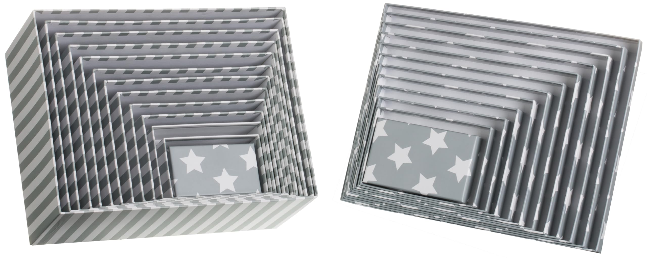 Brandsseller Lot de 10 boites gigognes, Boites-cadeaux, Boites de rangement, Boites en carton avec couvercle – Carton solide à motif étoiles et rayures, Carton, gris, 37,5x29x16cm - 19x13x7,5cm