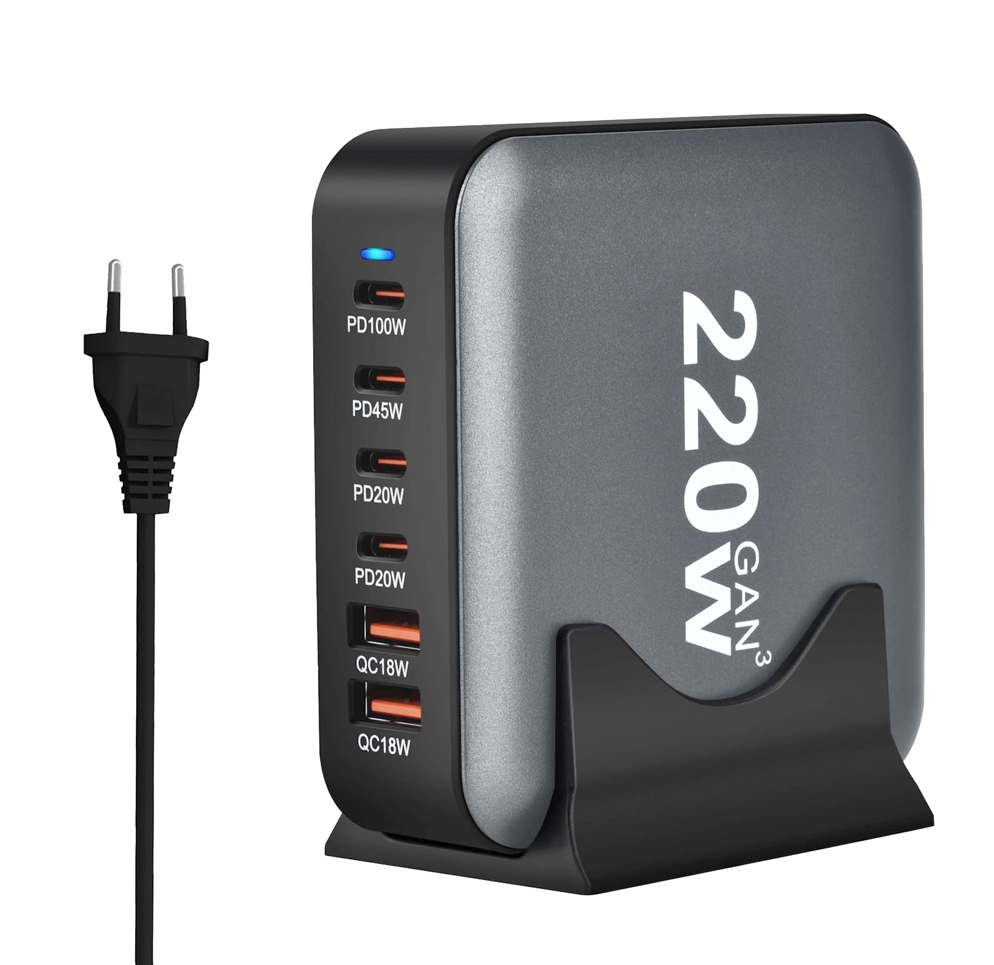 Reagle GaN - Caricatore rapido USB-C da 220 W, 6 porte, con Power Delivery, QC 3.0, per laptop, iPhone, tablet, protezione multipla, potente e sicuro per i viaggi e la casa