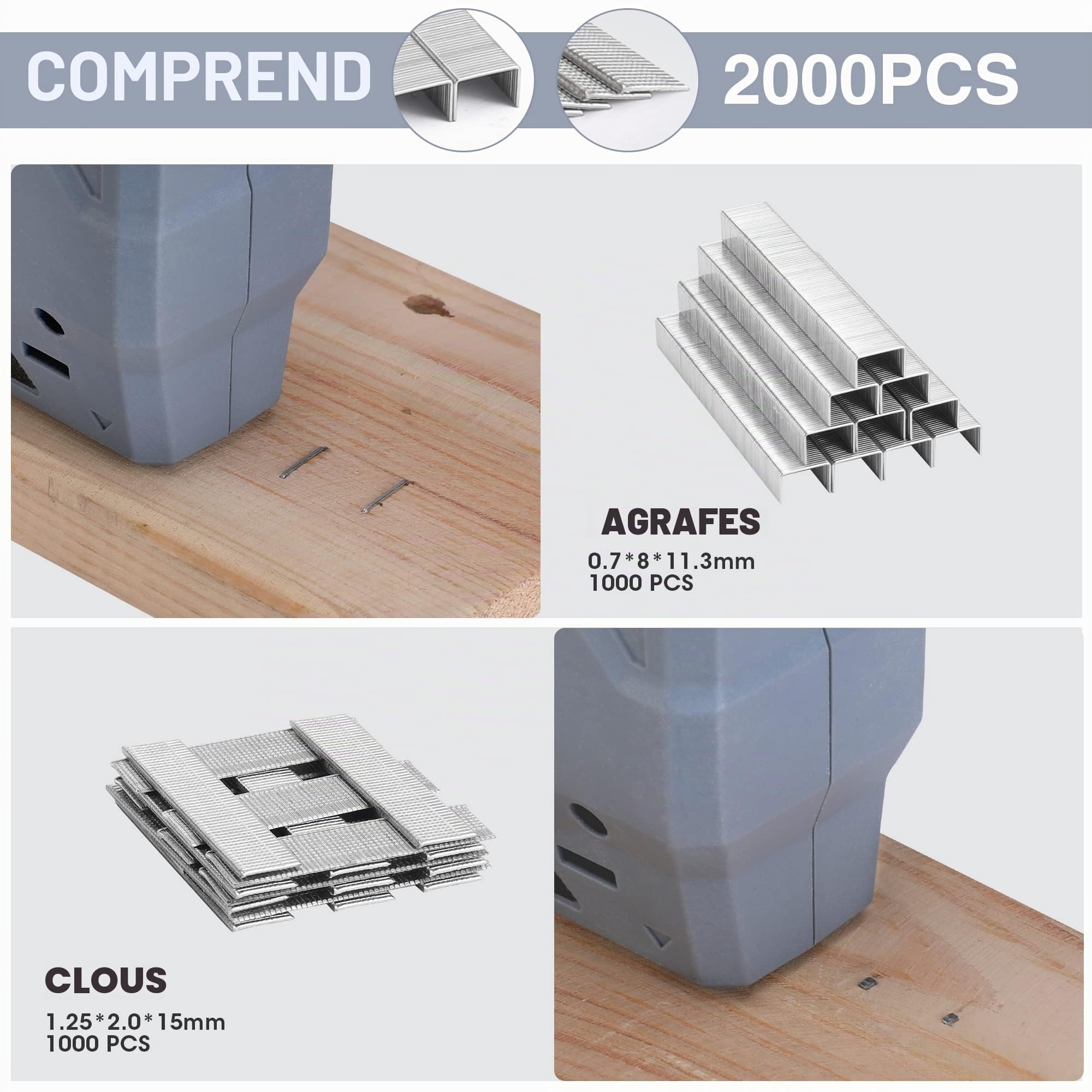 WORKPRO Agrafeuse sans Fil 3,6V 2000 mAh avec 2000 Agrafes, Agrafeuse Multifonction 2 en 1 Compatible avec Clous et Agrafes Type 53, 8 pour les Projets de Bricolage en Ameublement, Menuiserie(Gris)