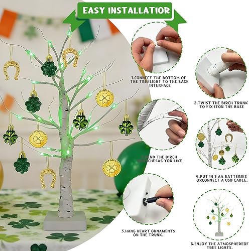 Miniatura 5 de YQUQWN Decoraciones del día de San Patricio, árbol de abedul iluminado con adornos de trébol, monedas de oro, 24 LED para el hogar, mesa, tienda,