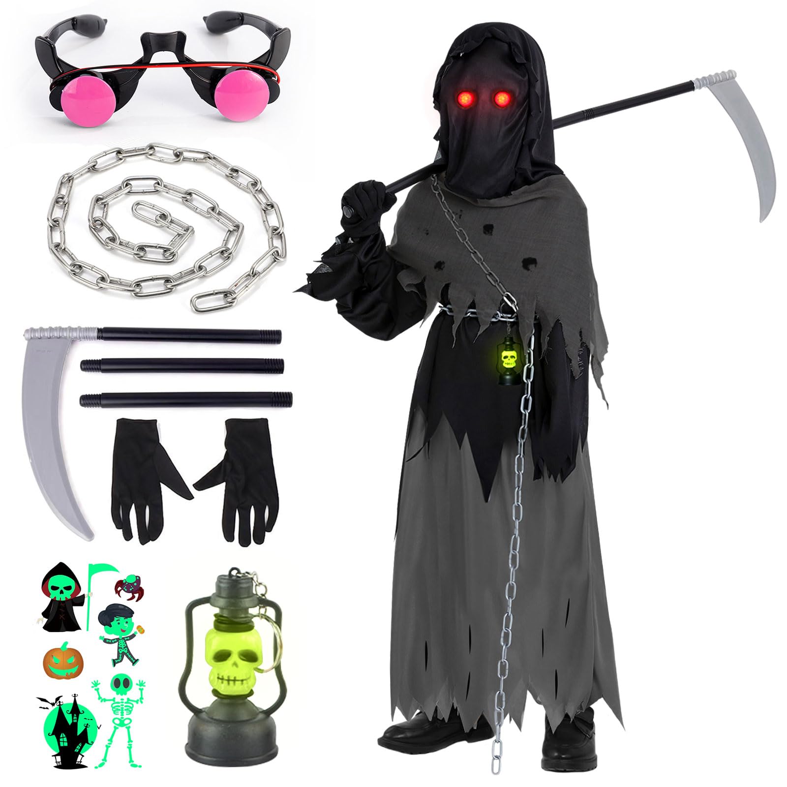 Costume Faucheuse Halloween Enfant - Cape Noire + Faucille + Masque Crâne - Déguisement Effrayant Garçon Fille