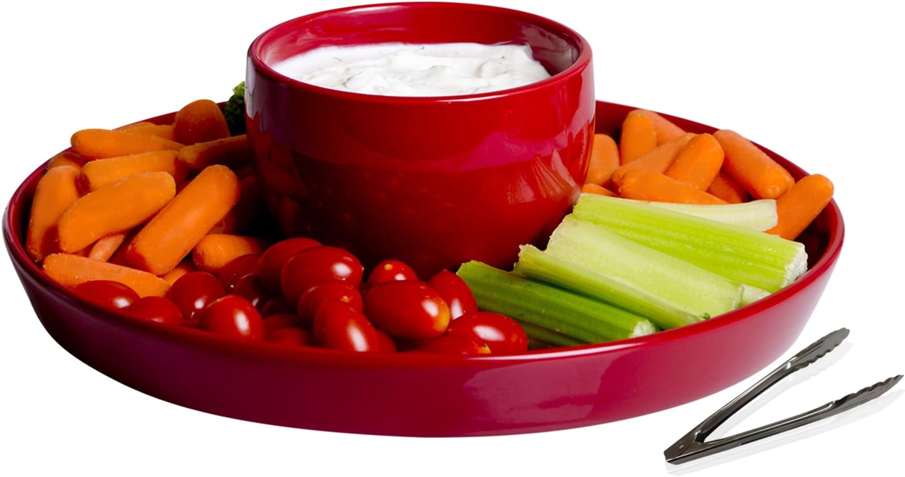 Ceramic Chips and Dip Serving Platter & Footed Cake Stand, 12-Inch Buffet Server Party Centerpiece with Serving Tong