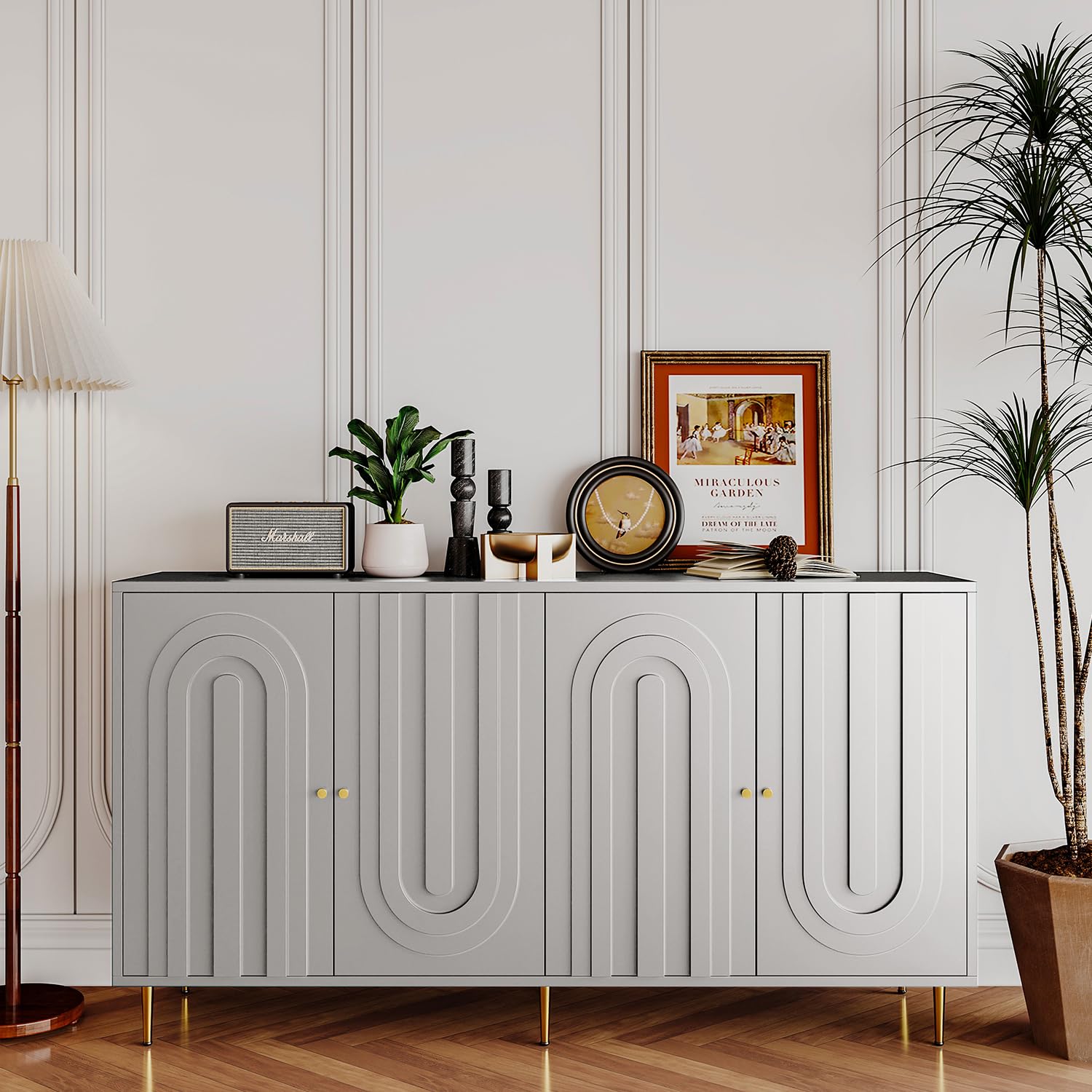 60" Modern Sideboard Buffet Accent Cabinet, Gray Entryway Table with Storage Wood Fluted Credenzas for Living Room Home Bar, 4 Doors & Adjustable Shelves