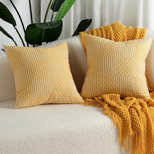Juego de 2 fundas de almohada bohemias a rayas, suaves, cuadradas, decorativas, para sofá y cama, 16 x 16 pulgadas, color amarillo