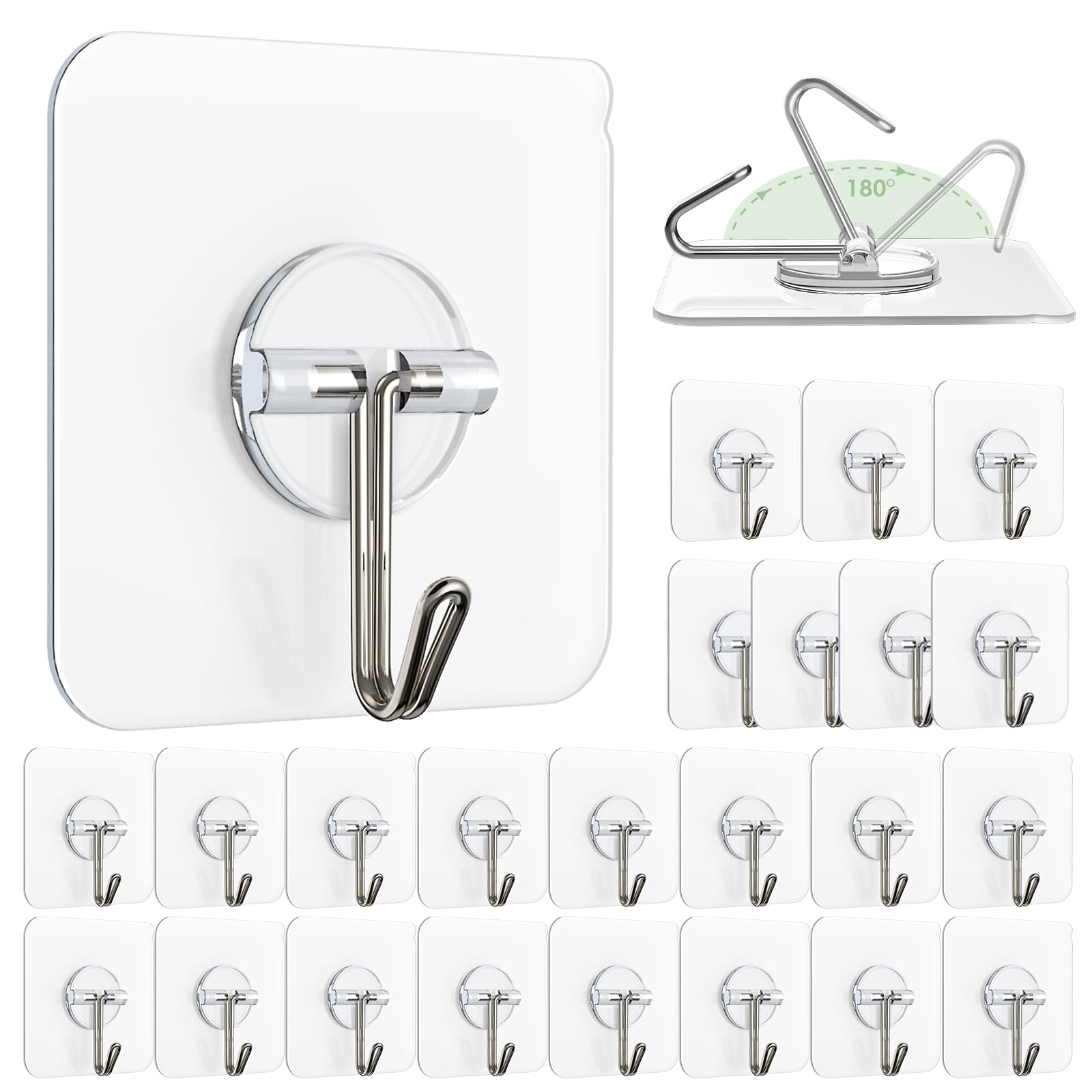 Lomrsiul Adhesive Wall Hooks for Hanging, Clear Removable Window Hooks 13 lb Stainless Steel Stick on Hooks Waterproof Self Adhesive Hooks for Shower