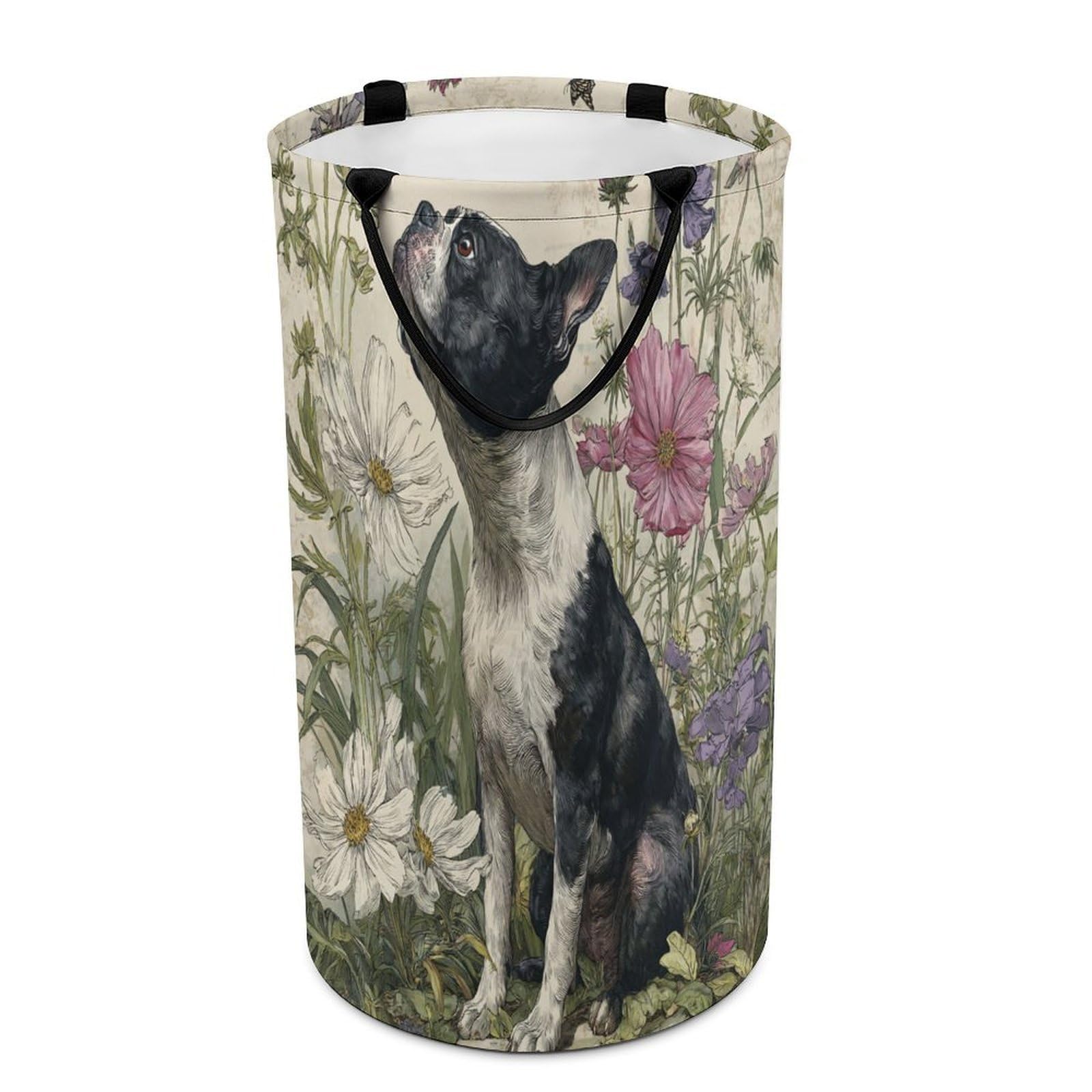 LUYYSKY Fantasy Watercolor Cute Dog Versatile Storage Laundry Basket, Retro Classic Spring Flowers Animal Puppies Butterflies Large Capacity Bathroom Hamper With Handle