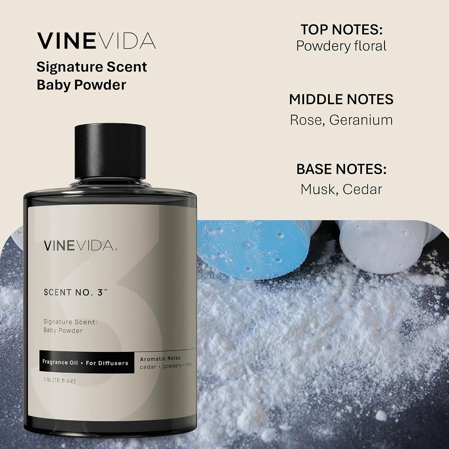 VINEVIDA [16 Fl Oz] Baby Powder Fragrance Oil for Cold Air Diffusers, Essential Oils for Diffuser Oil Refill & Air Freshener Room Spray