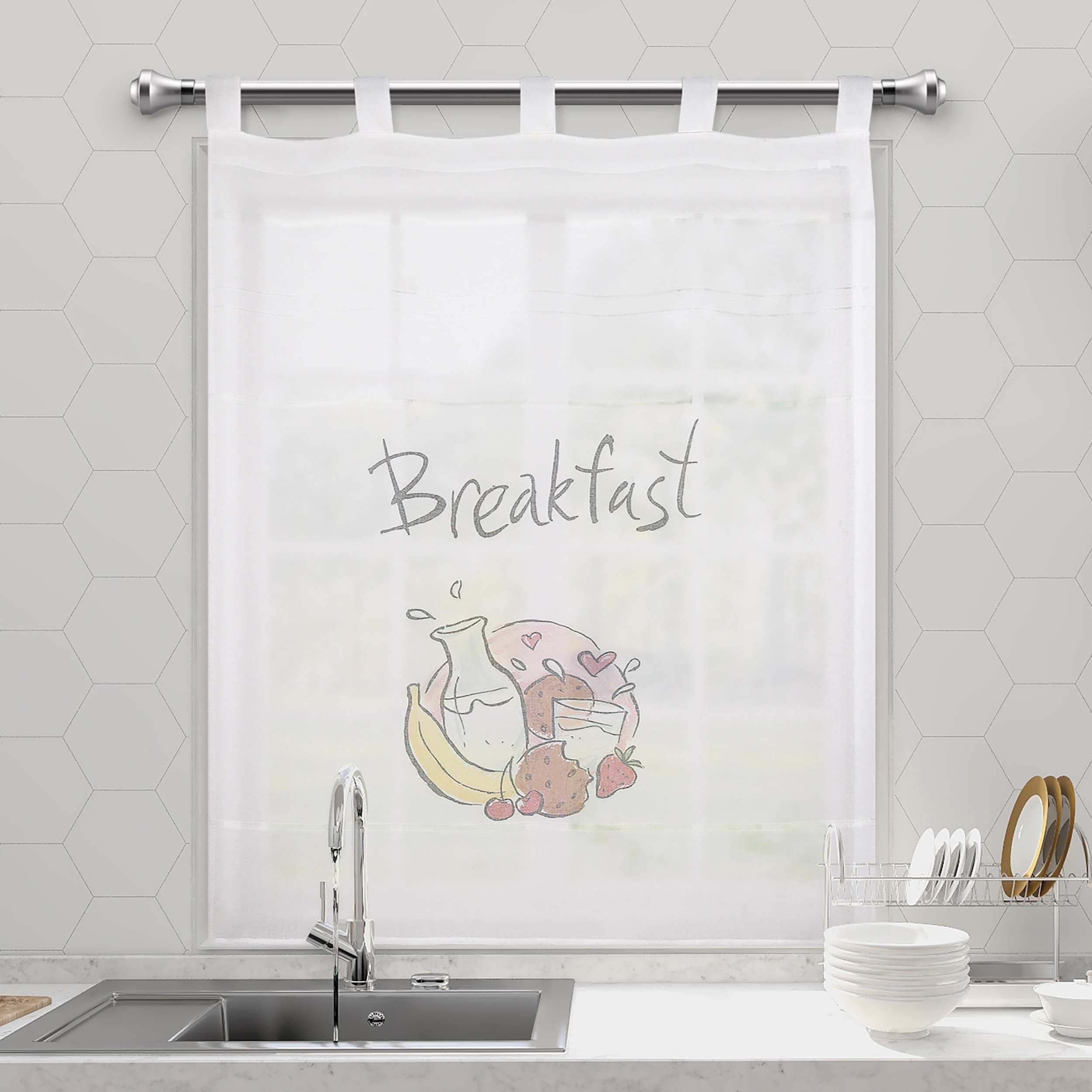 Dalina Textil - Cortina de Cocina Translúcido Lisa, Cortina Media Altura para Cocina, Comedor, Marco de Puerta 1 Pieza Tejido Gasa Finas Diseño Breakfast 140x140cm