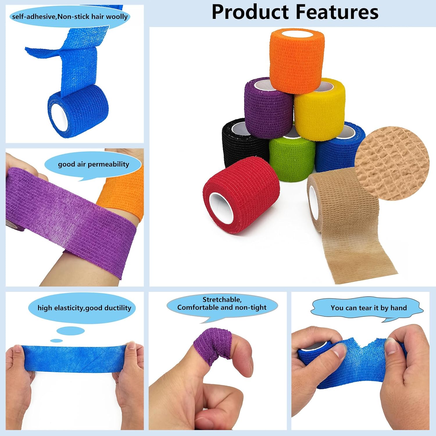 6 Rolls Athletic Tapes 4 Inch Self Adhesive Bandage Wraps Stretchy Sports Tape Vet Wrap for Sports Sprain Swelling and Soreness on Wrist and Ankle (Blue)