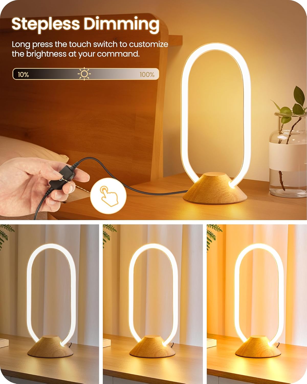 Modern LED Table Lamp, Bedside Lamp with Oval Design, 3 Color Temperatures, Adjustable Brightness, 360° Lighting, Unique Desk Lamp for Bedroom, Living Room, Study, Office, Natural M64TL05