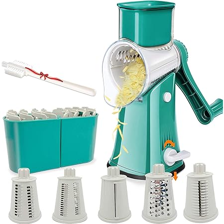 Aurrako Rotary Cheese Grater Shredder with Handle,Kitchen Vegetable slicer with 5 Stainless Steel Drum Blades,Easy Clean 18X Faster Food Grater Shredder, Non slip Best Mandoline Slicer (Green)