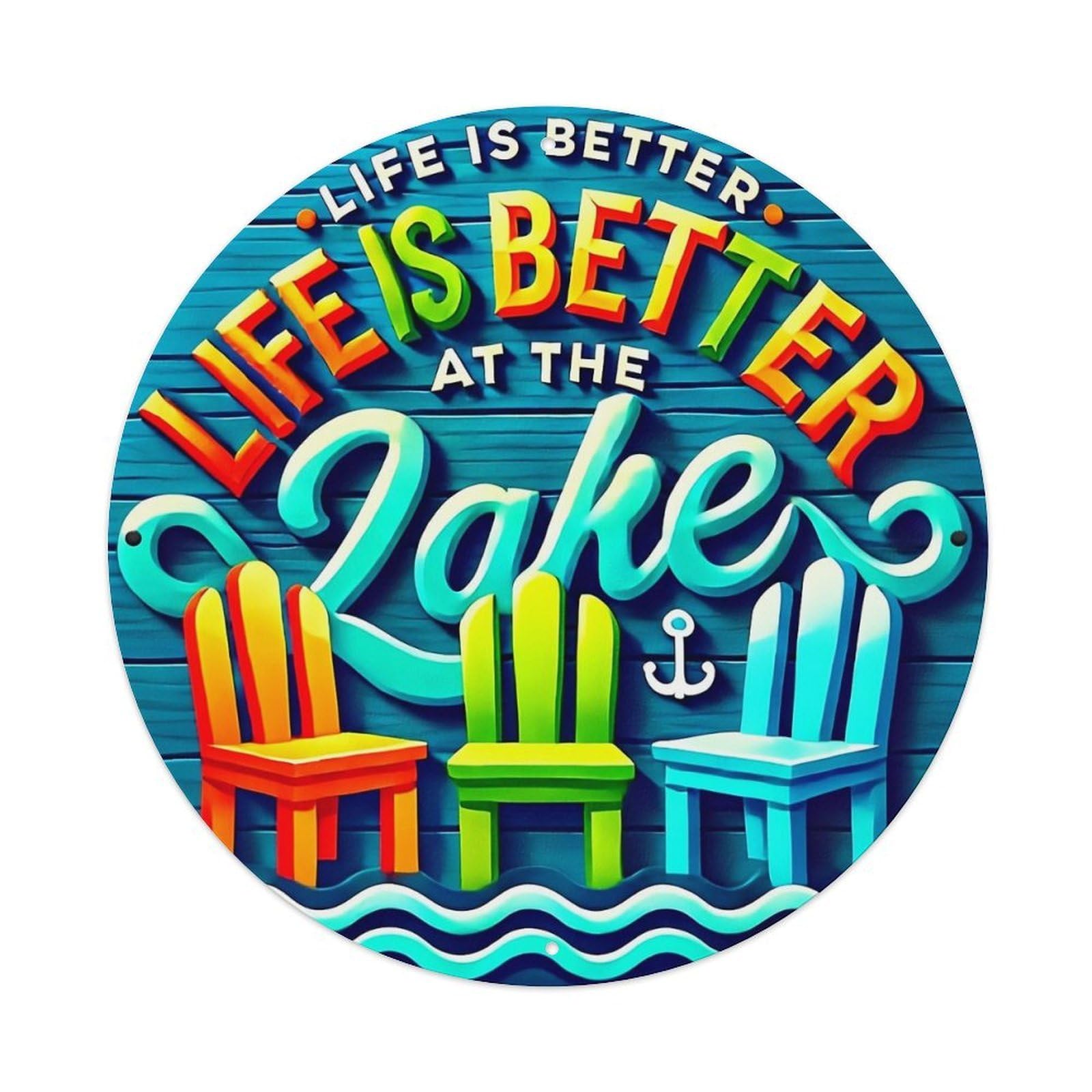 Life Is Better At The Lake Round Tin Sign Vintage Metal Sign Home Bar Garden Indoor & Outdoor Wall Decor Retro Metal Poster 8x8 Inch