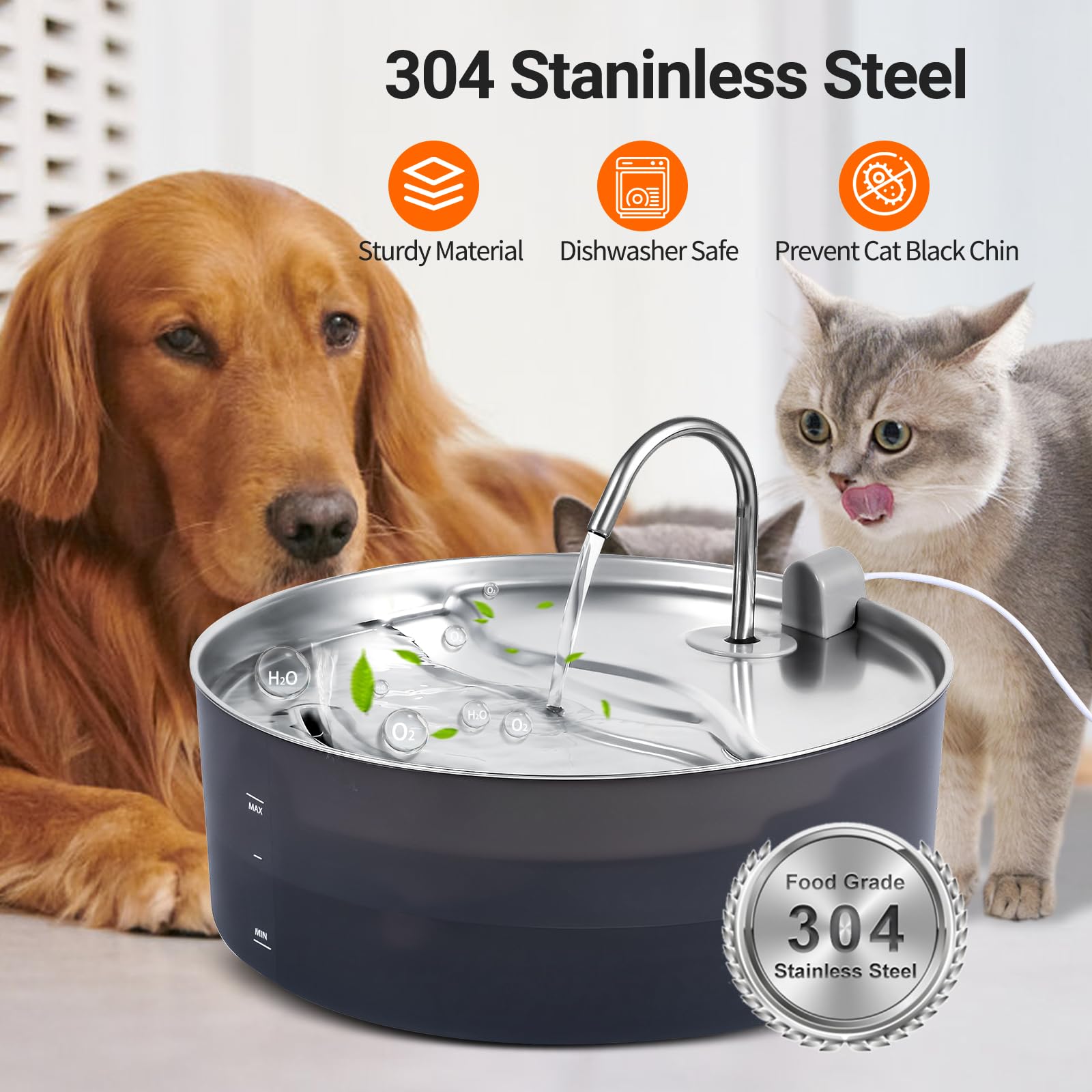 Fuente de agua para gatos de acero inoxidable, 7 l