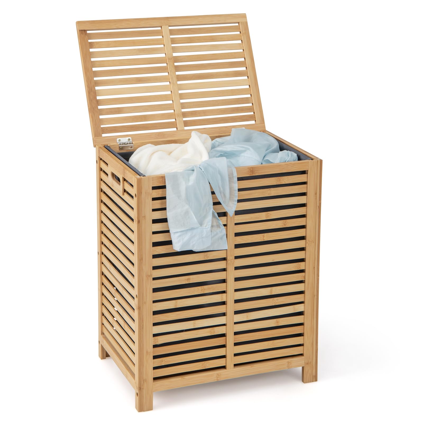 GYMAX Cesta Portabiancheria con Coperchio, 80 L Porta Biancheria in Bambù con Manici e Borsa Rimovibile, per Camera, Bagno, Dormitorio e Lavanderia, 50 x 35 x 62 cm