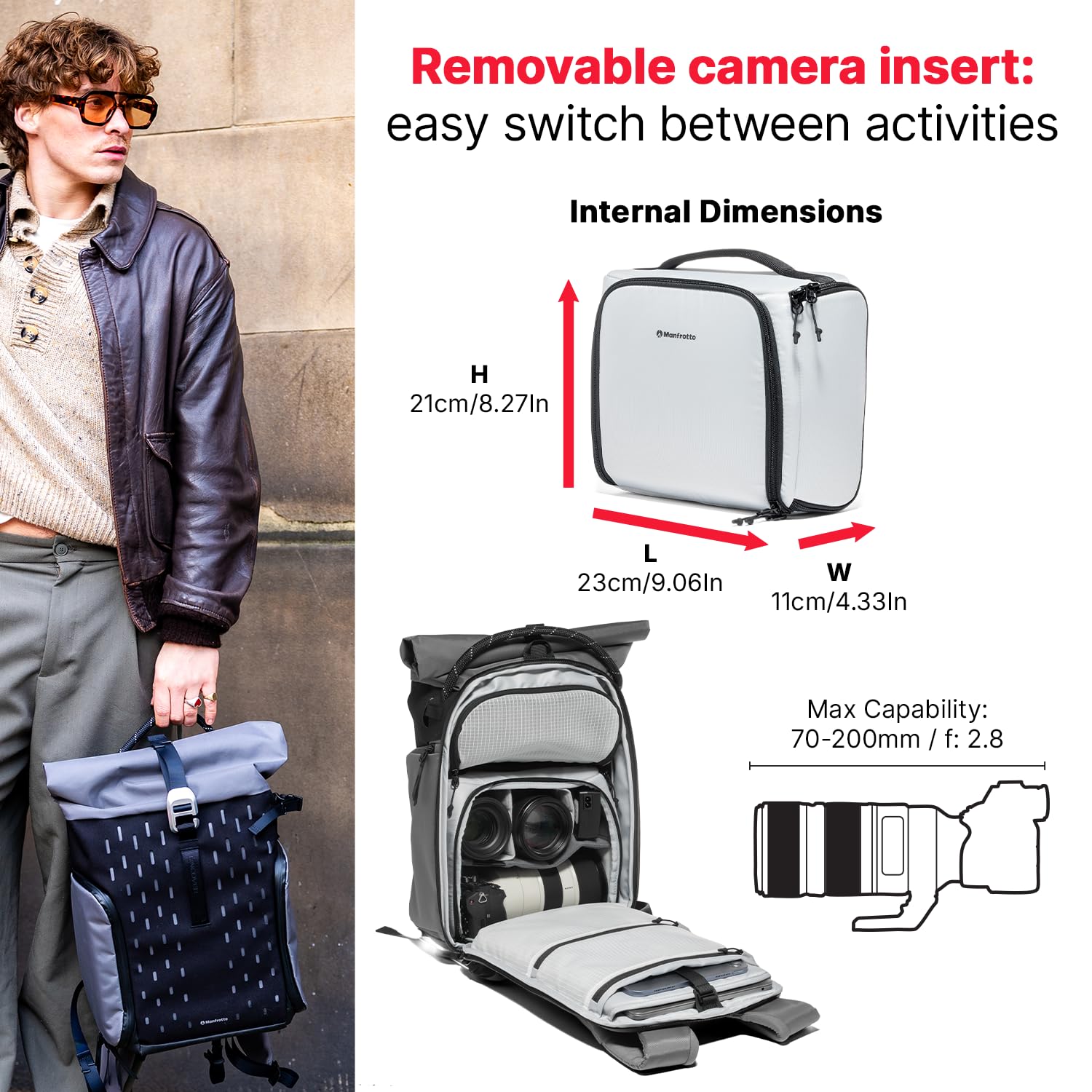 Manfrotto UNCOVER Zaino Fotografico 24L, Roll-Top Espandibile | Borsa Impermeabile per Fotografia e Viaggio, per Reflex/Mirrorless/Drone, con Accesso Laterale e Scomparto Laptop 14"