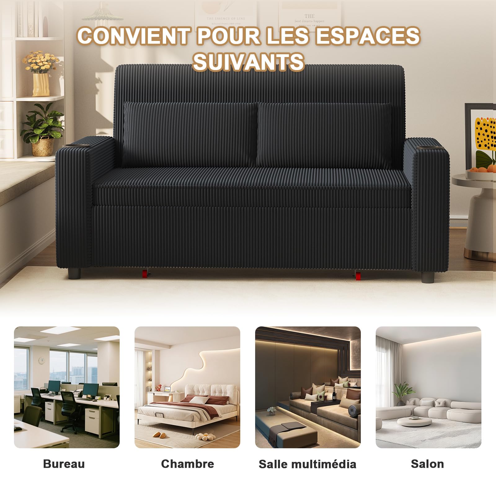 JUMMICO Canapé Convertible 2 Places Tissu côtelé, Dossier réglable, Causeuse Moderne 75×160×93 cm, Structure Solide 150 kg pour intérieur Contemporain,Couleur Bleu-Noir
