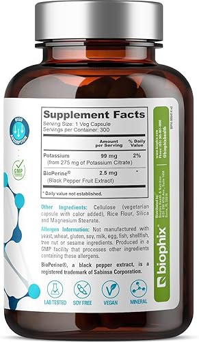 Miniatura 2 de biophix Citrato de potasio 275 mg con BioPerine 300 cápsulas vegetarianas - Apoya el equilibrio electrolítico, nervios, función muscular y salud
